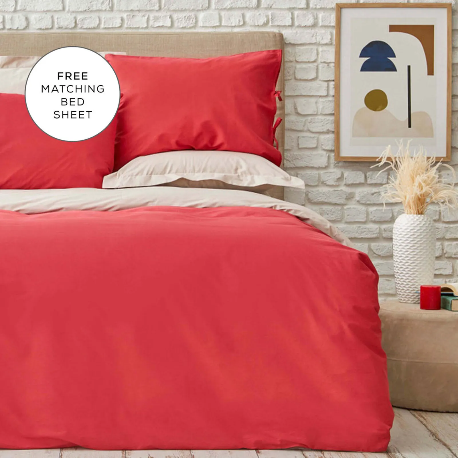 Karaca Home Basic 100% Turkish Cotton Duvet Cover Set with Bed Sheet, Double, Red Beige