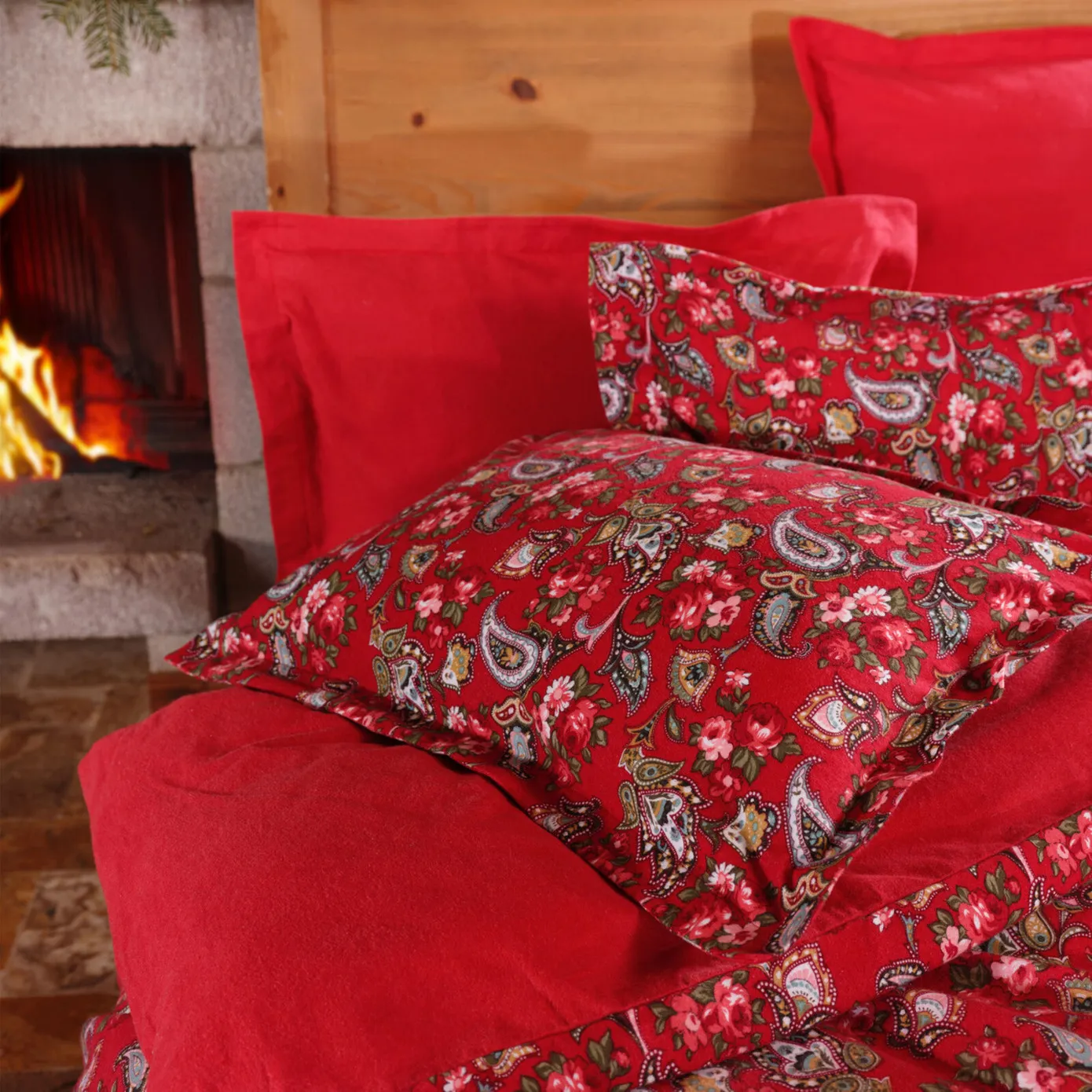Karaca Home Despina 100% Turkish Cotton Flannel Duvet Cover Set with Bed Sheet, Double, Red Multi - Image 5
