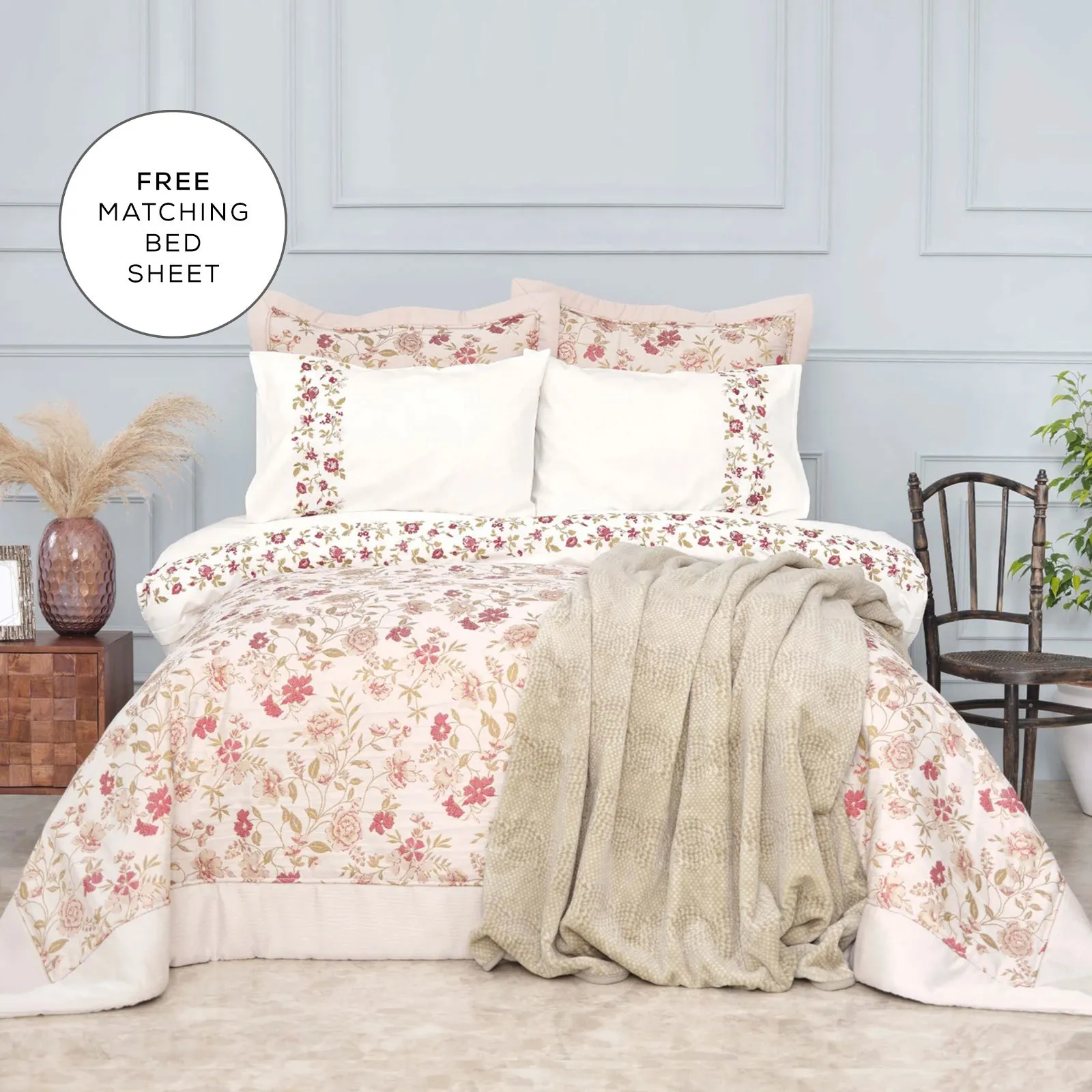 Karaca Home Flora Bedding Set with Bed Sheet, 8 Piece, Double, Red Multi - Image 2