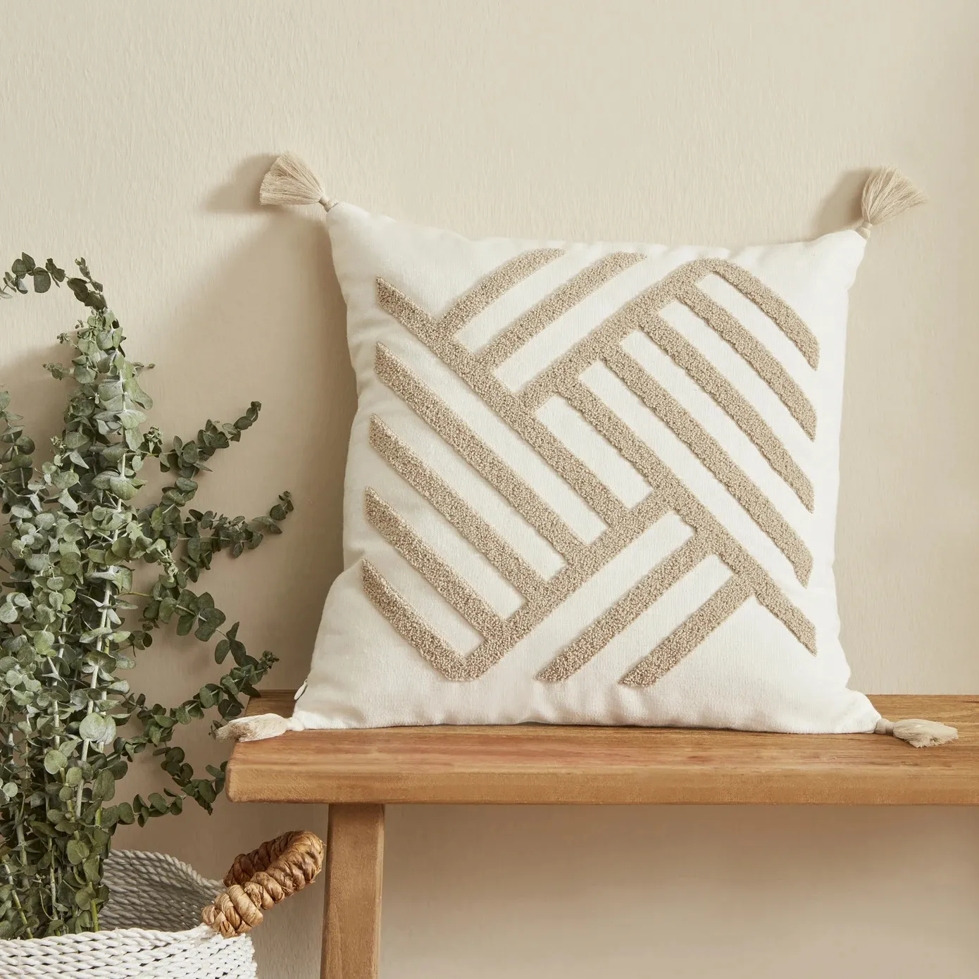 Karaca Home Kassey Filled Cushion, 43cmx43cm, Beige