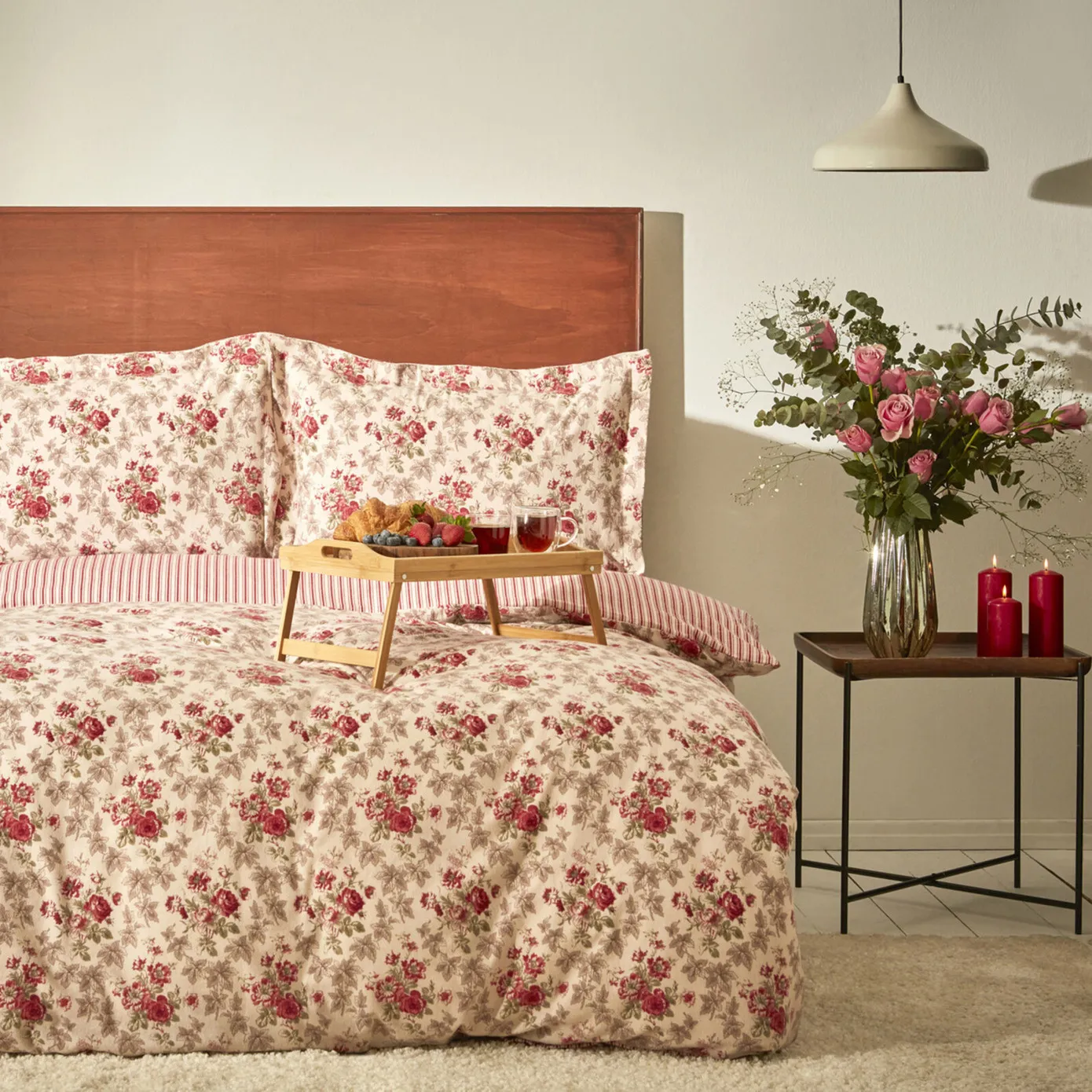 Karaca Home Luis 100% Turkish Cotton Flannel Duvet Cover Set with Bed Sheet, Double, Red Multi - Image 11