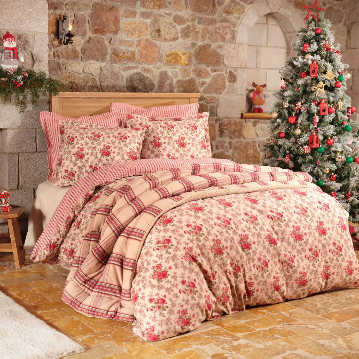 Karaca Home Luis 100% Turkish Cotton Flannel Duvet Cover Set with Bed Sheet, Double, Red Multi - Image 2