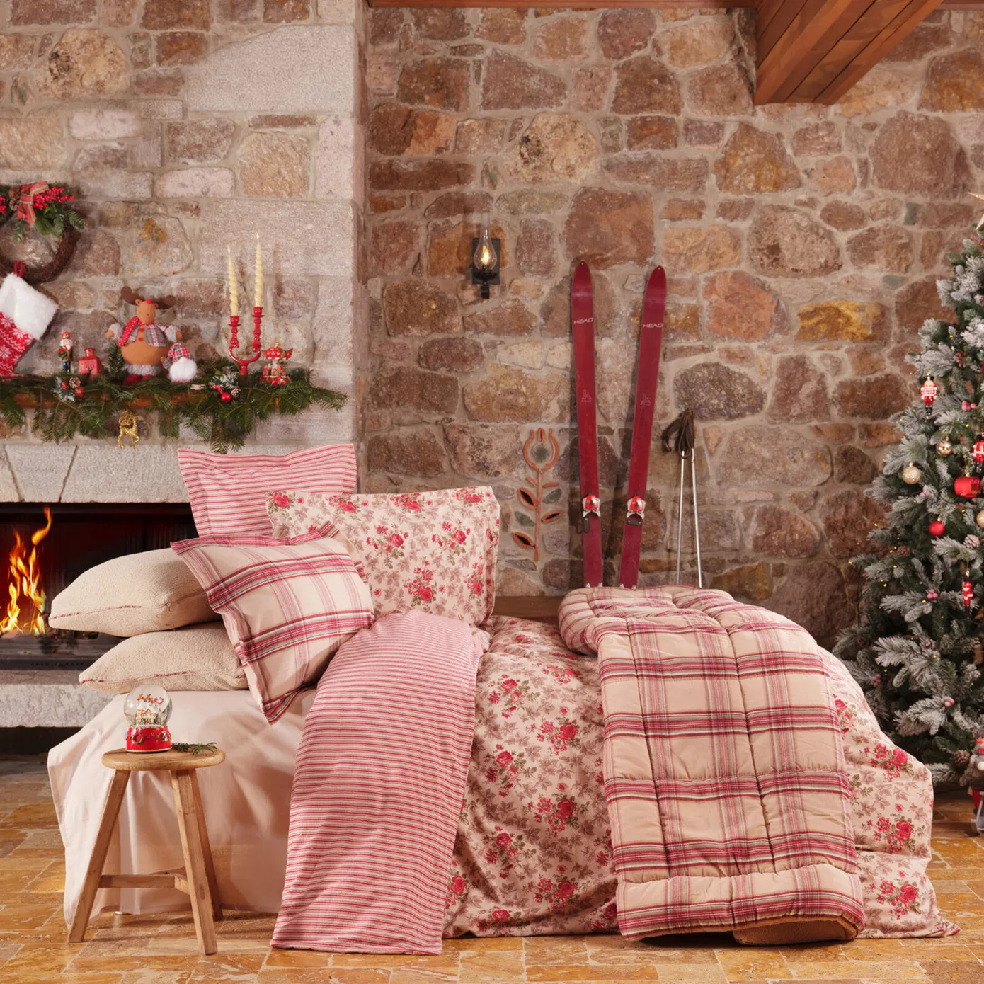 Karaca Home Luis 100% Turkish Cotton Flannel Duvet Cover Set with Bed Sheet, Double, Red Multi - Image 3