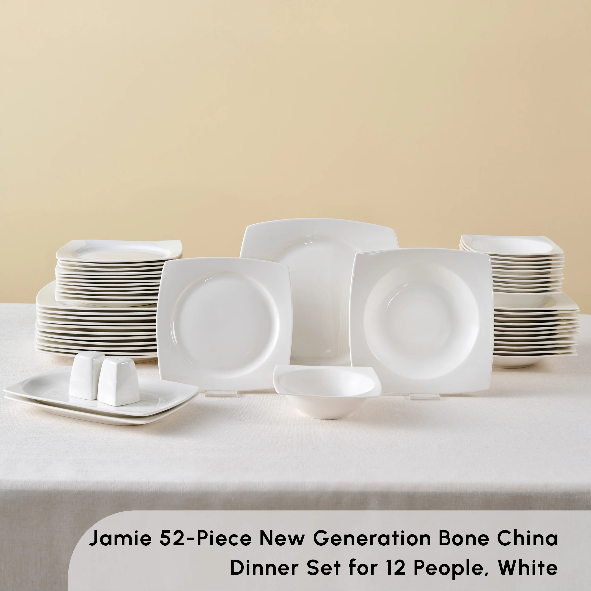 Karaca Square Bone China Jamie 52-Piece Dinner Set for 12 People, White - Image 3