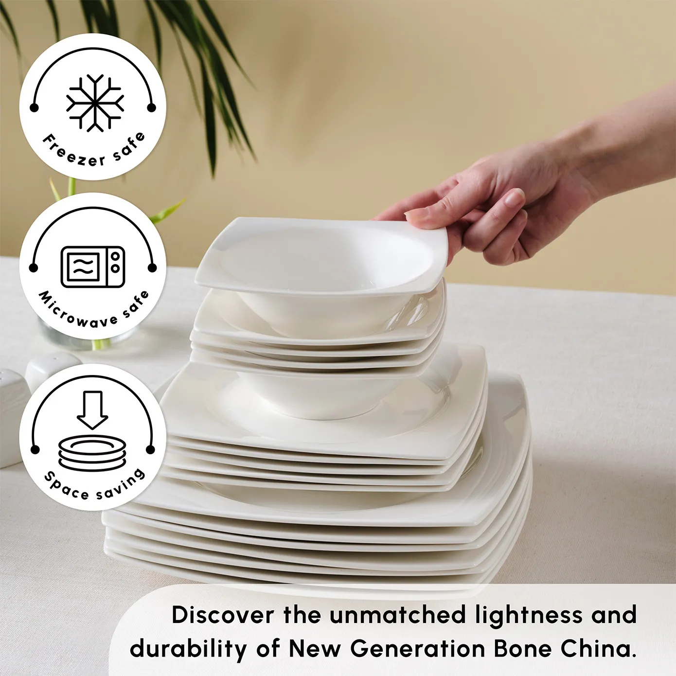 Karaca Square Bone China Jamie 52-Piece Dinner Set for 12 People, White - Image 6