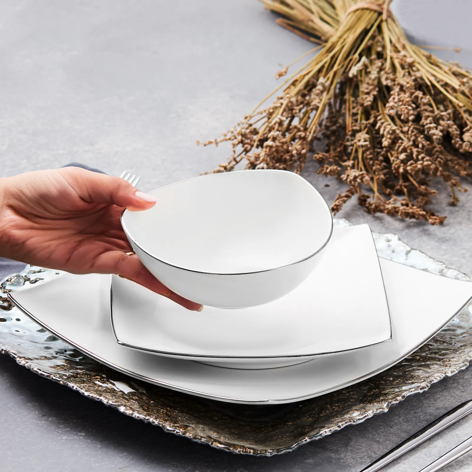Karaca Jana 12-Piece Fine Cream Dinner Set for 4 People, White Silver - Image 4