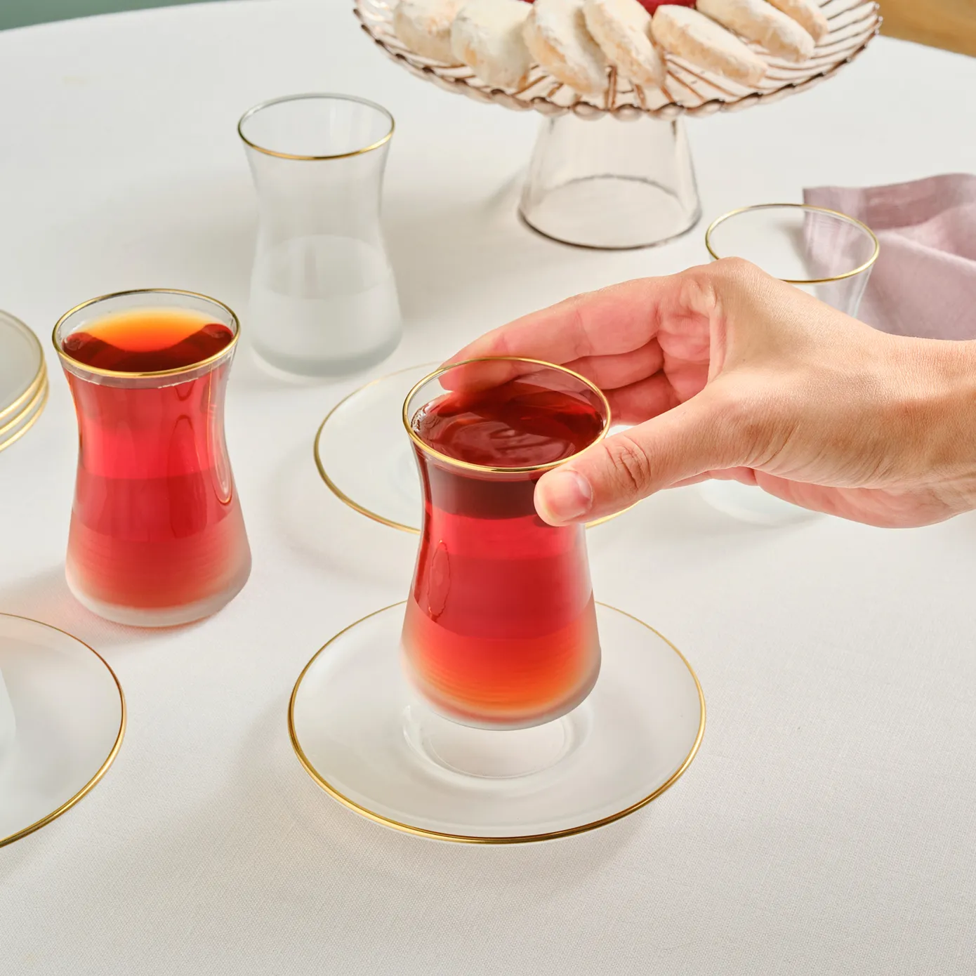 Karaca Jasmine 12-Piece Glass Turkish Tea Set for 6 People, White - Image 4