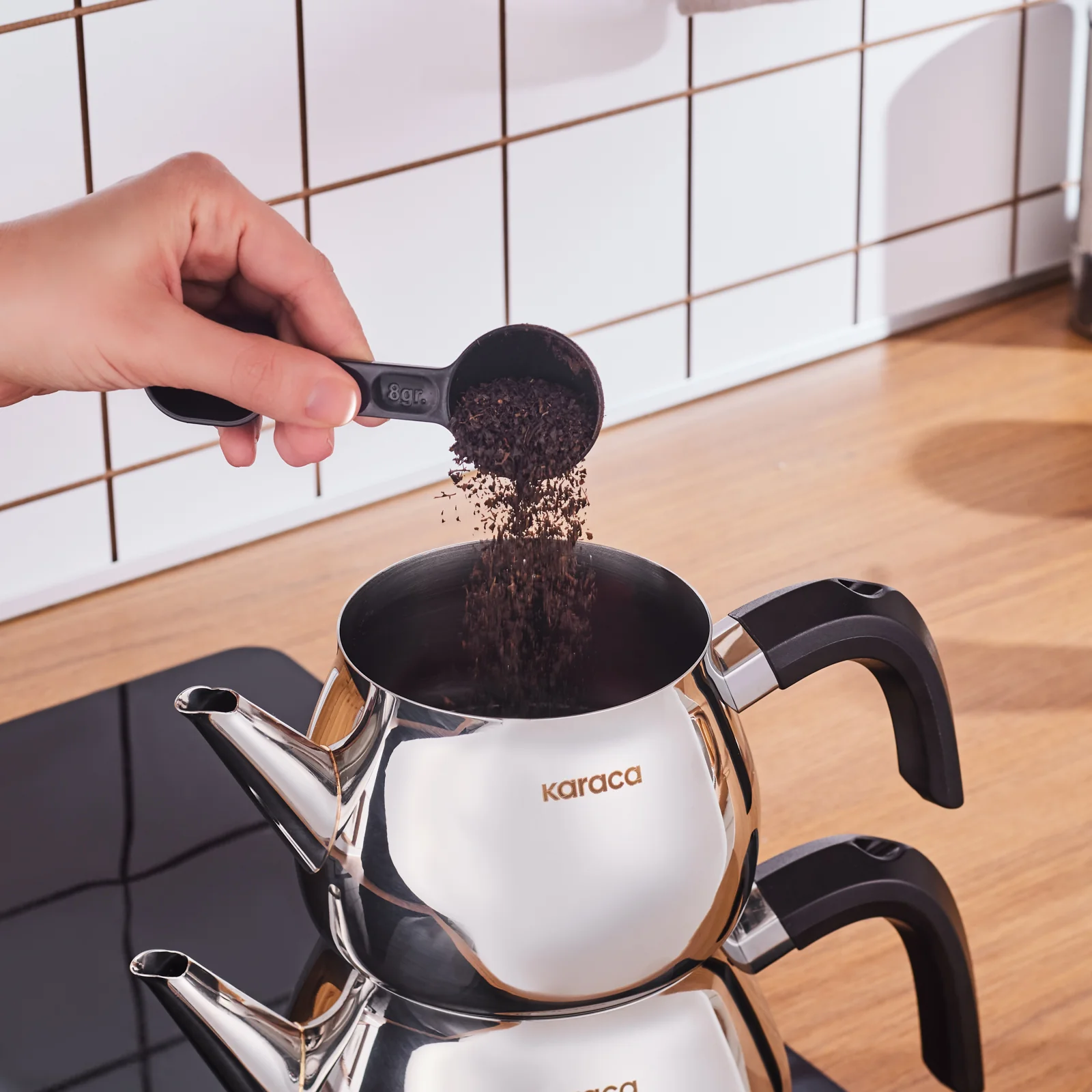 Karaca Kayra Stainless Steel Induction Teapot Set, Medium, Black Silver - Image 4