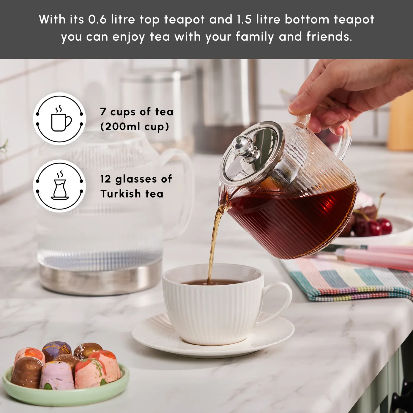 Karaca Kelly Borosilicate Glass Induction Teapot Set, Medium, Silver - Image 4