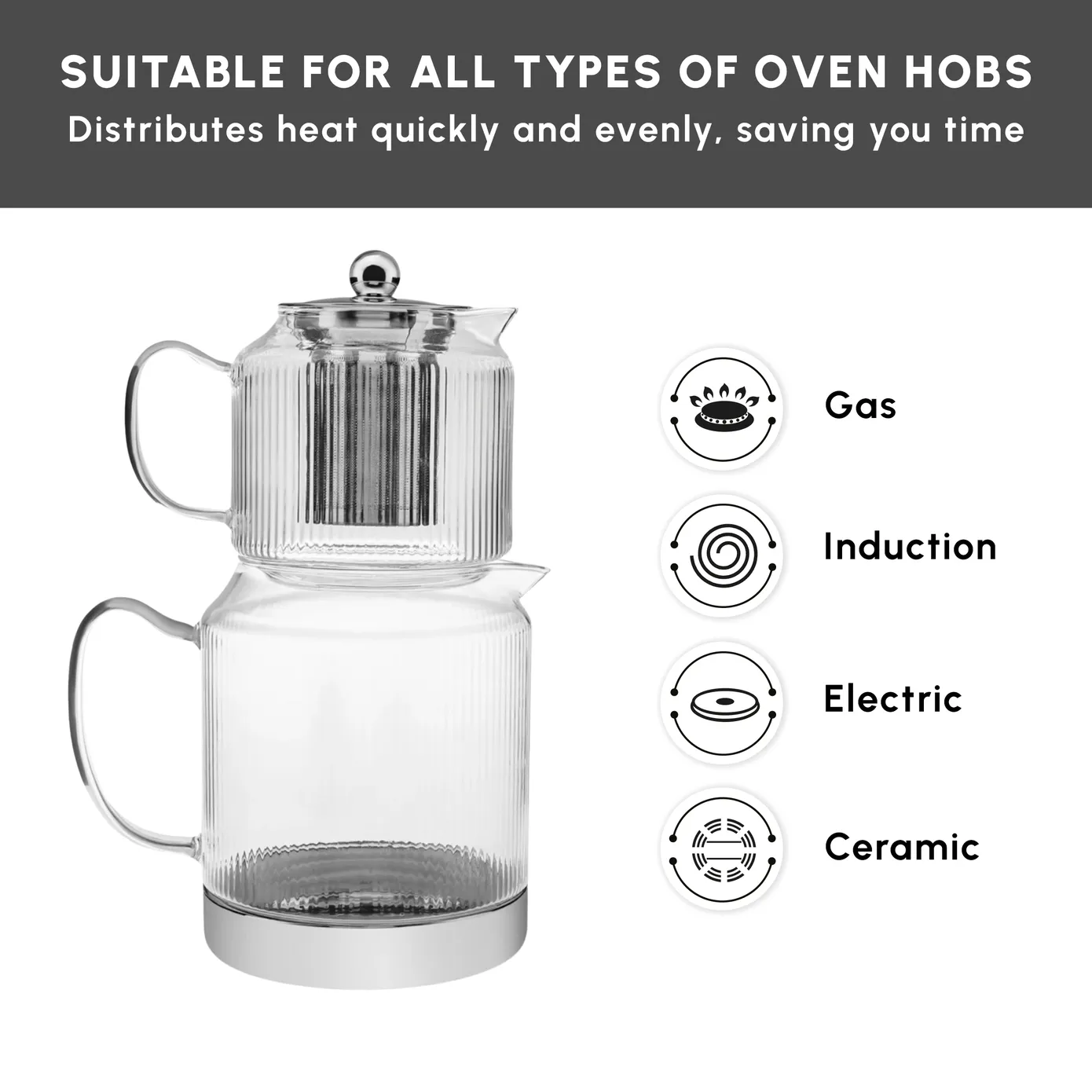 Karaca Kelly Borosilicate Glass Induction Teapot Set, Medium, Silver - Image 8