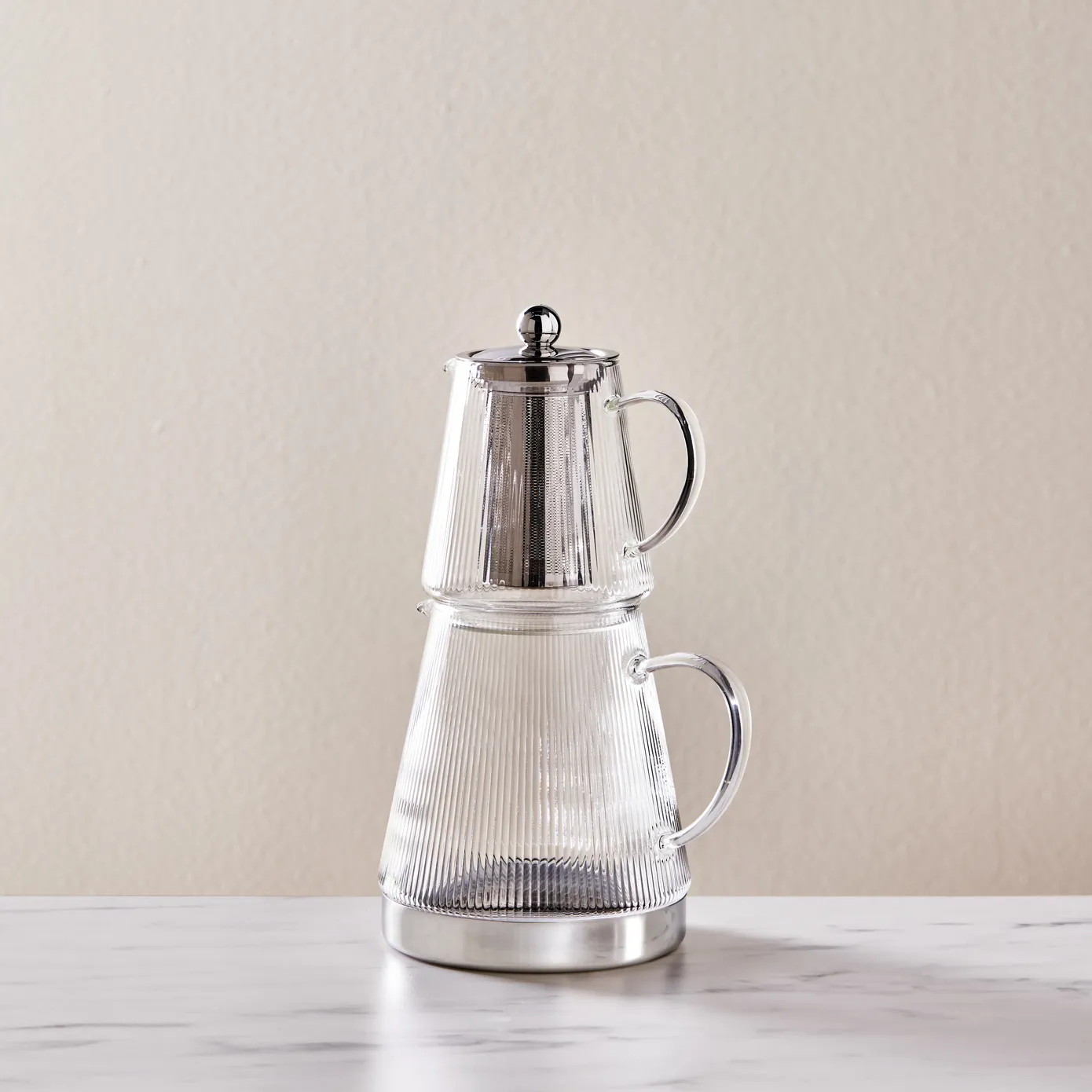 Karaca Keops Borosilicate Glass Teapot Set, Silver