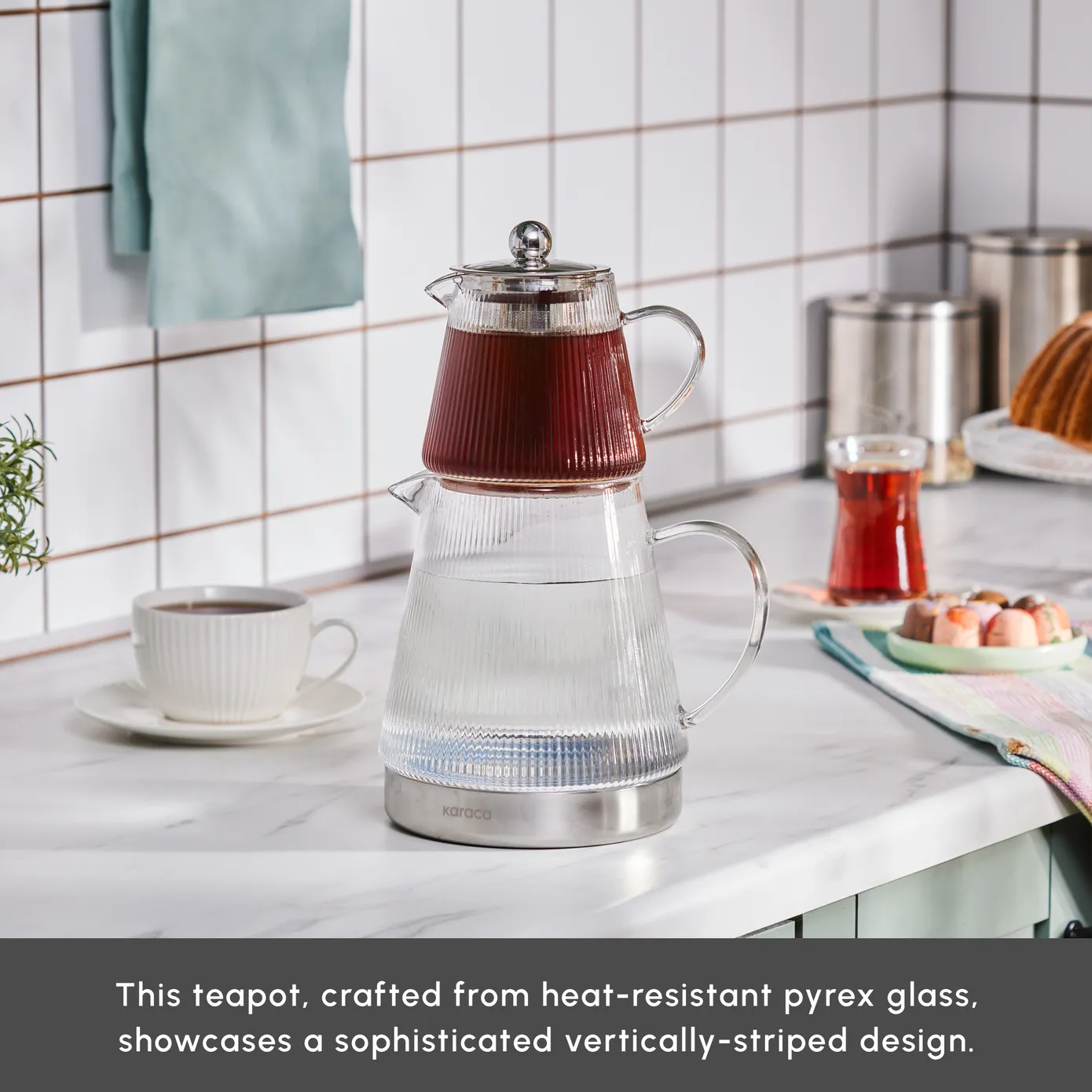 Karaca Keops Borosilicate Glass Teapot Set, Silver - Image 3