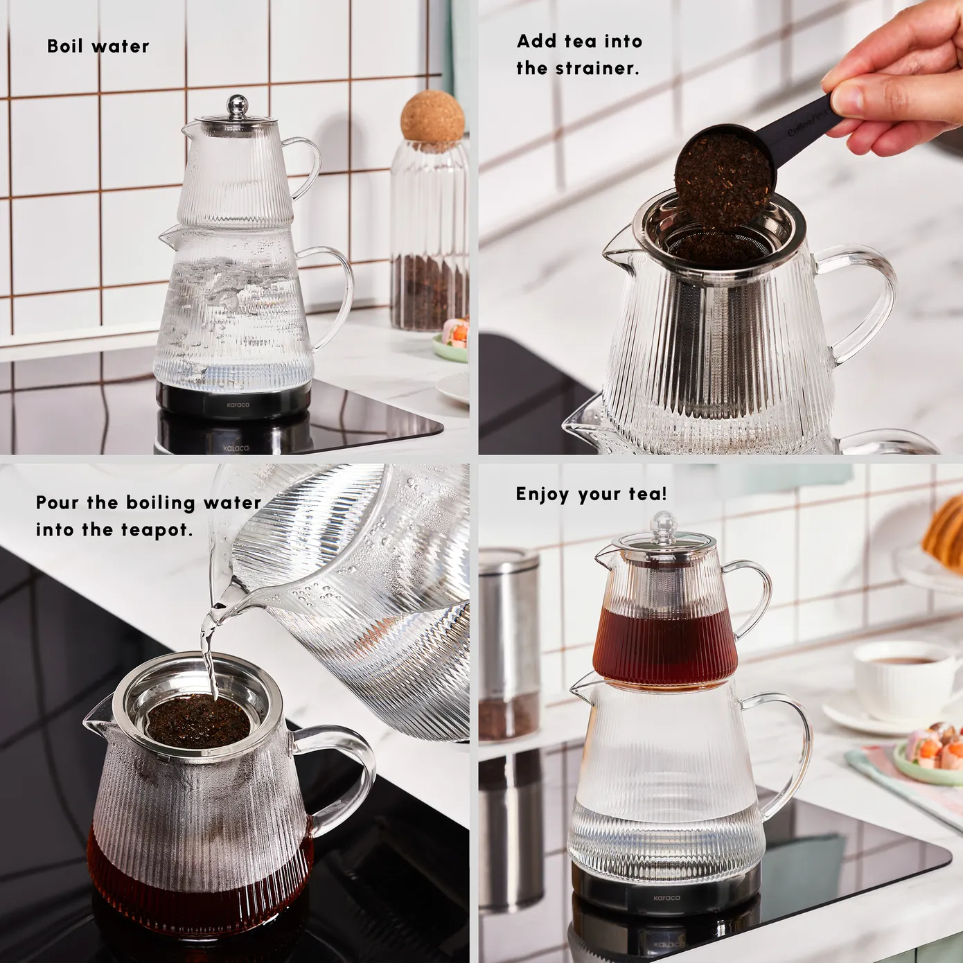 Karaca Keops Borosilicate Glass Teapot Set, Silver - Image 4