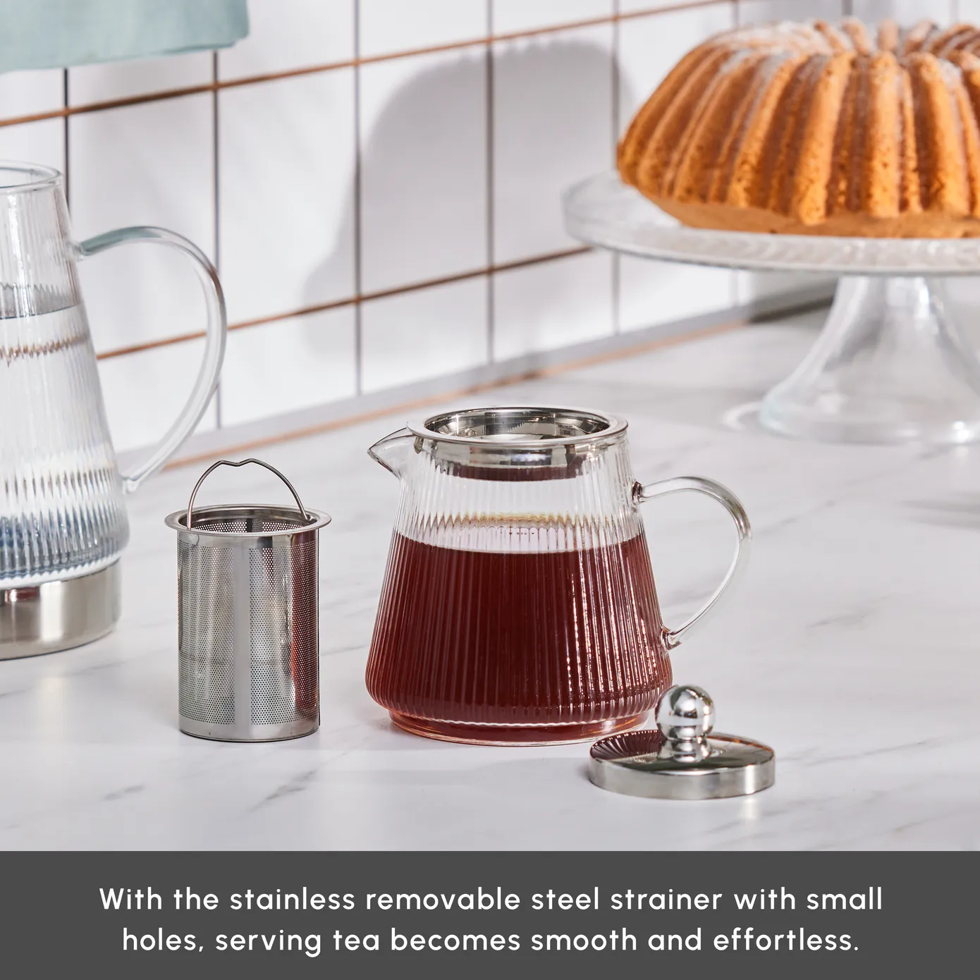 Karaca Keops Borosilicate Glass Teapot Set, Silver - Image 6