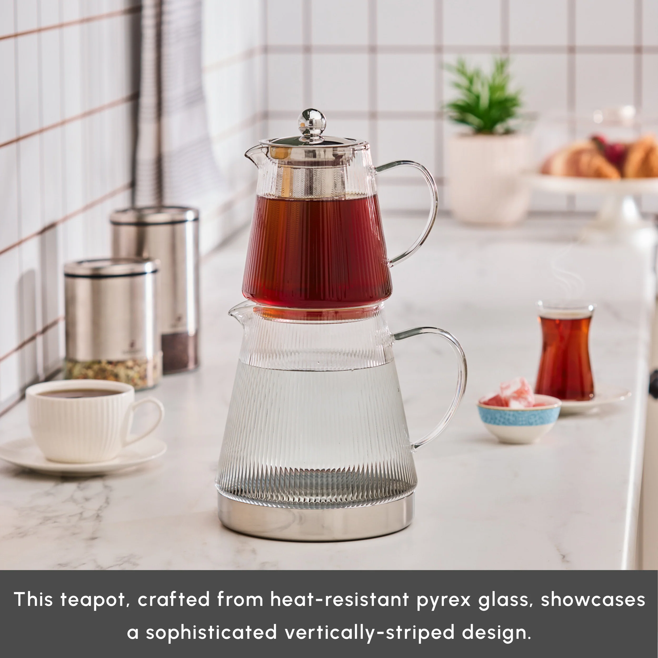 Karaca Keops XL Borosilicate Glass Teapot Set, Silver - Image 3