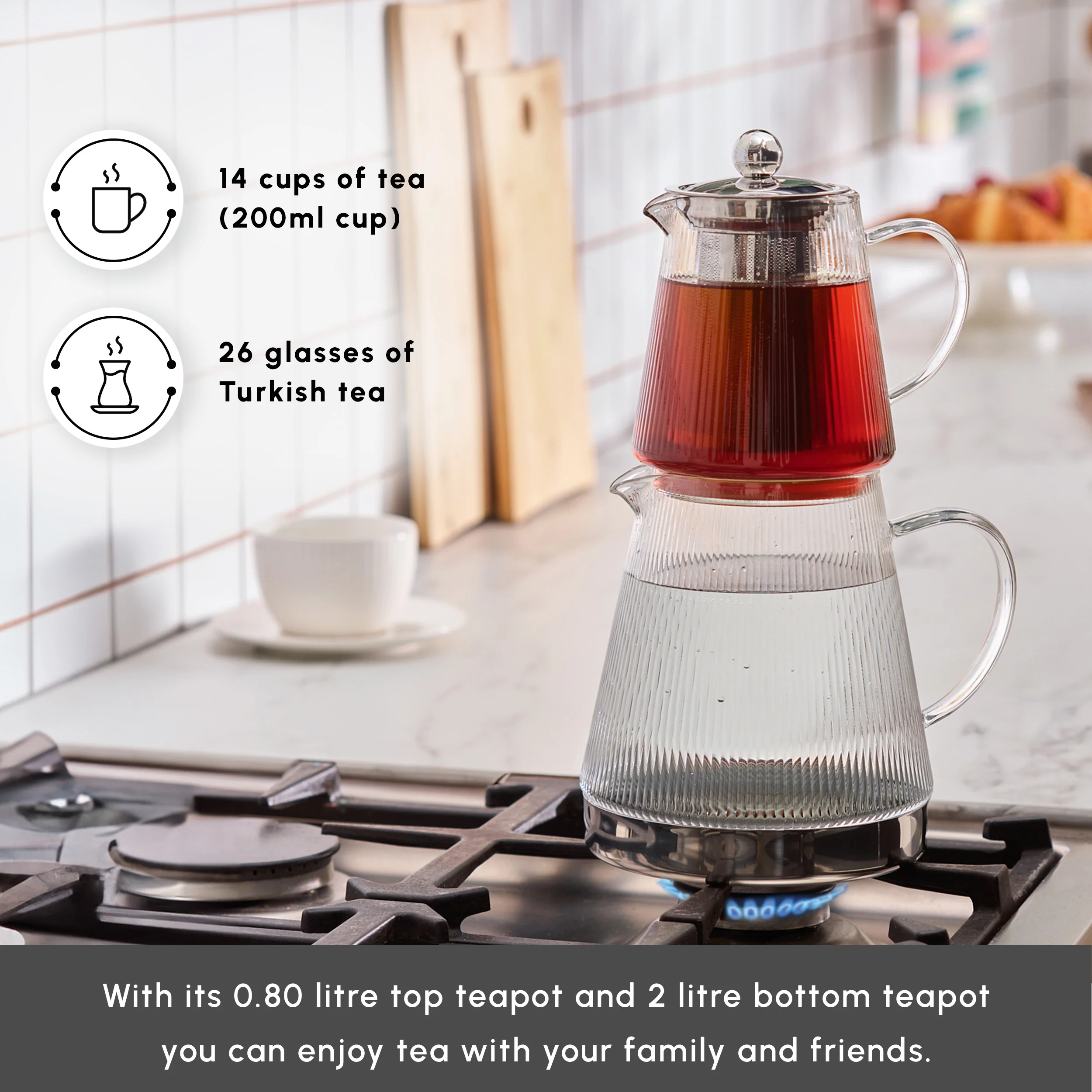 Karaca Keops XL Borosilicate Glass Teapot Set, Silver - Image 4