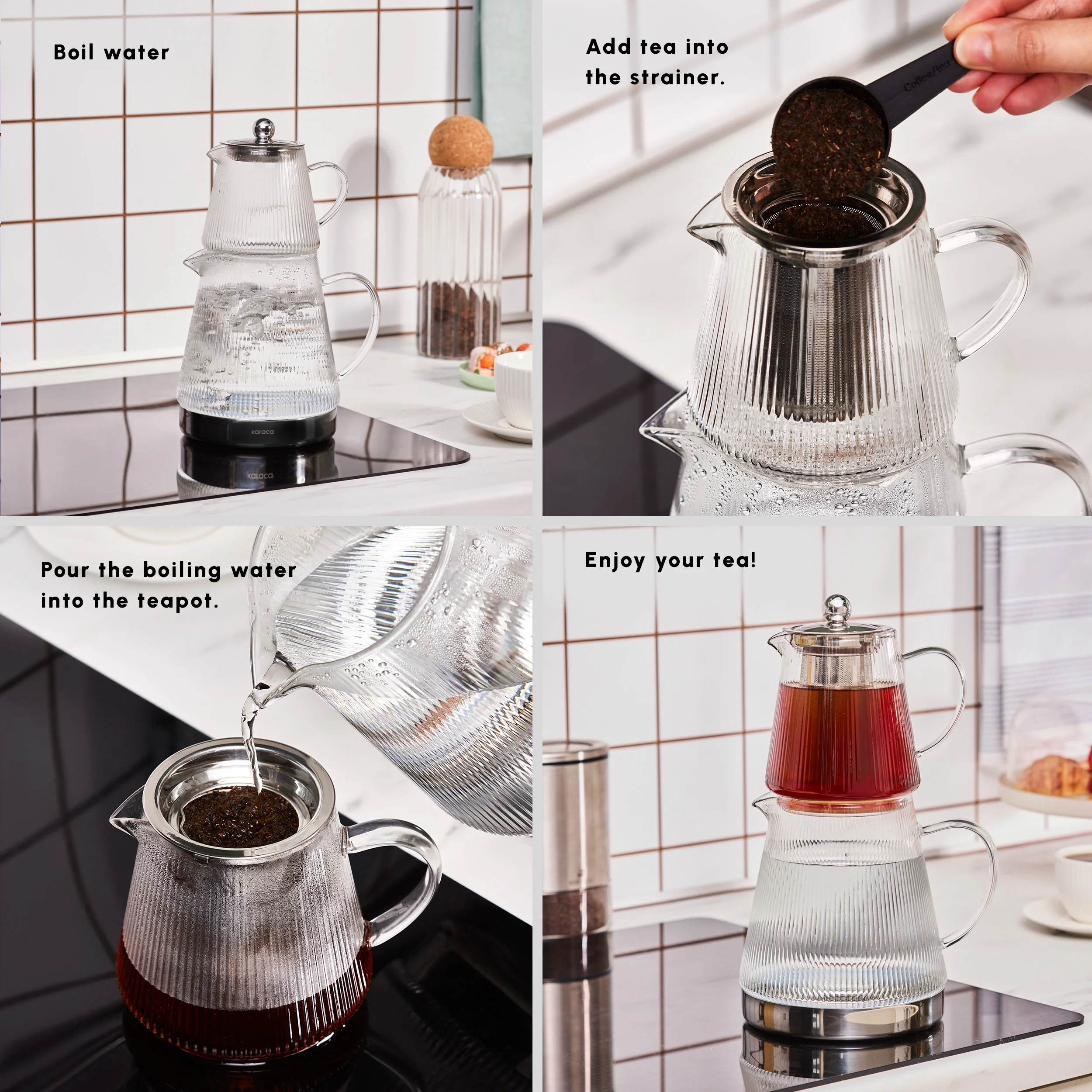 Karaca Keops XL Borosilicate Glass Teapot Set, Silver - Image 5