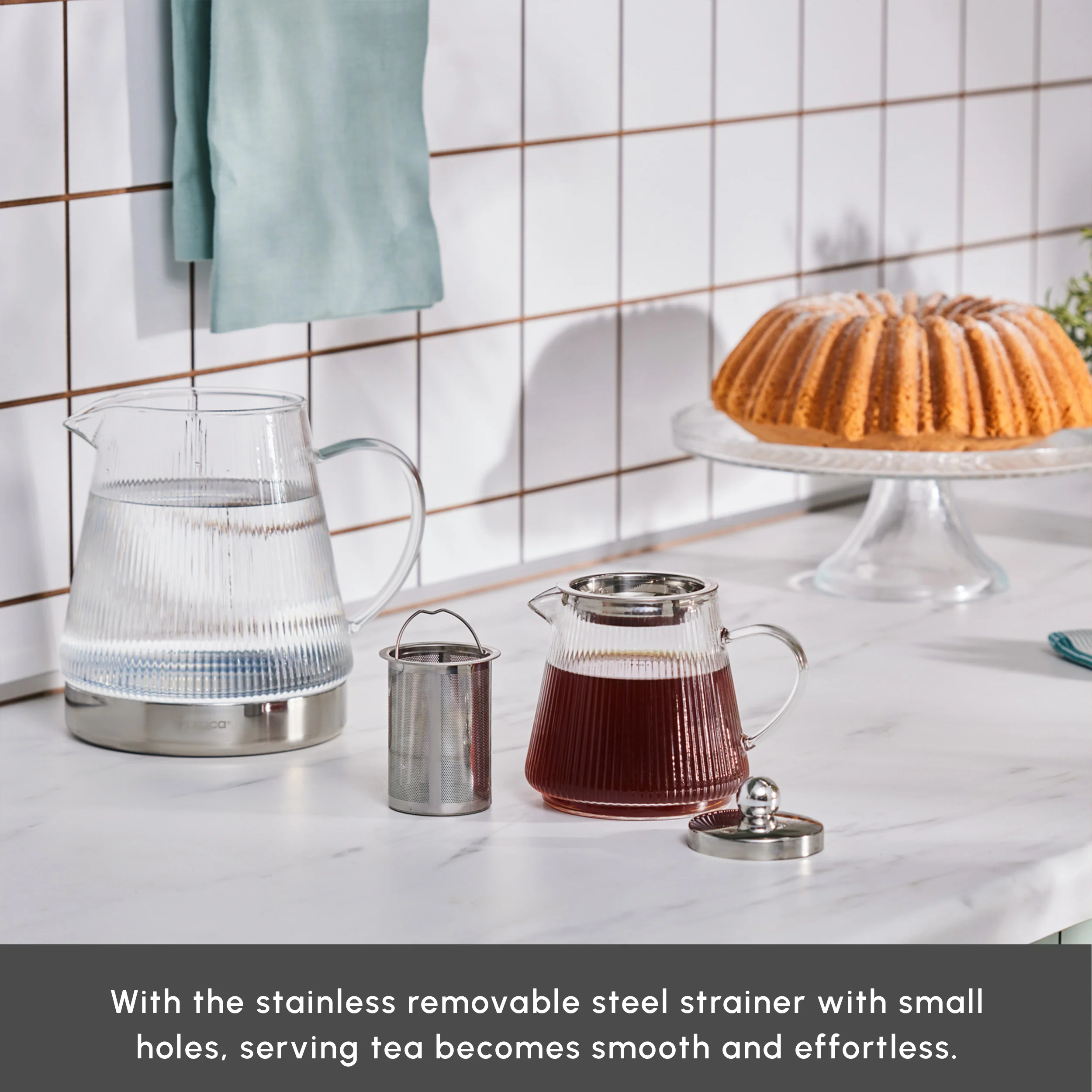 Karaca Keops XL Borosilicate Glass Teapot Set, Silver - Image 6