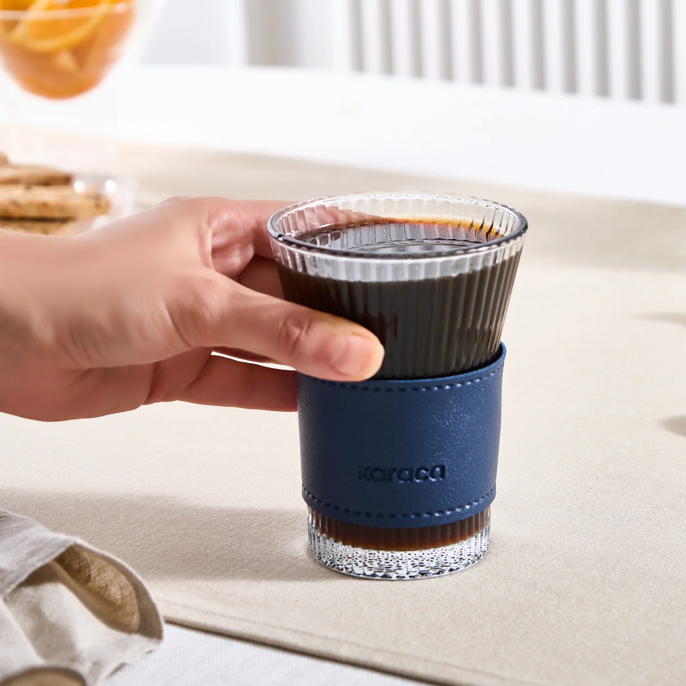 Karaca Leather Cool Touch Latte Coffee Glass, 210 Ml, Navy Blue