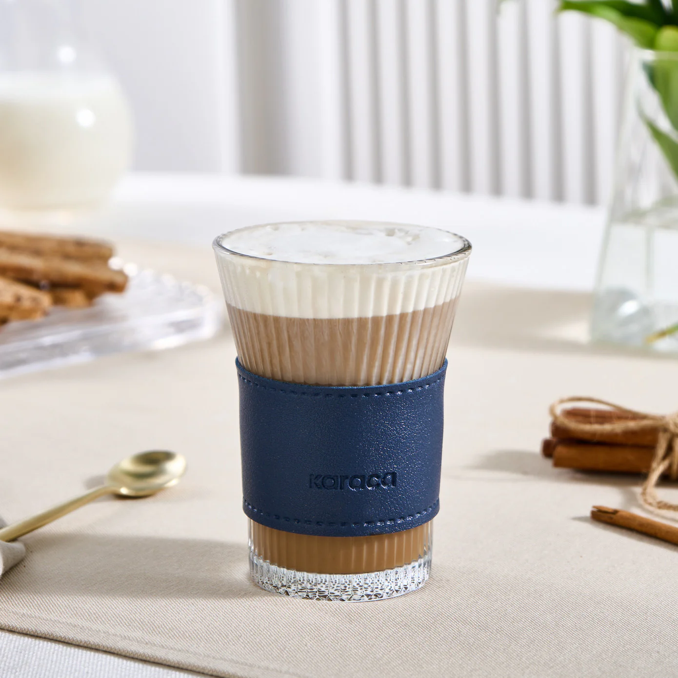 Karaca Leather Cool Touch Latte Coffee Glass, 210 Ml, Navy Blue - Image 2