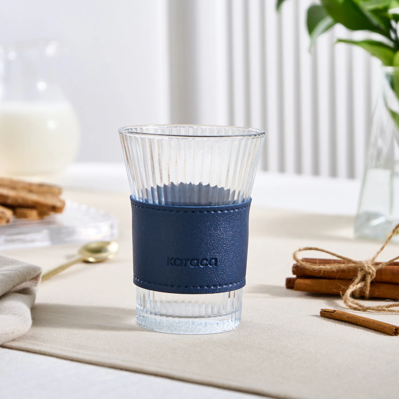 Karaca Leather Cool Touch Latte Coffee Glass, 210 Ml, Navy Blue - Image 3