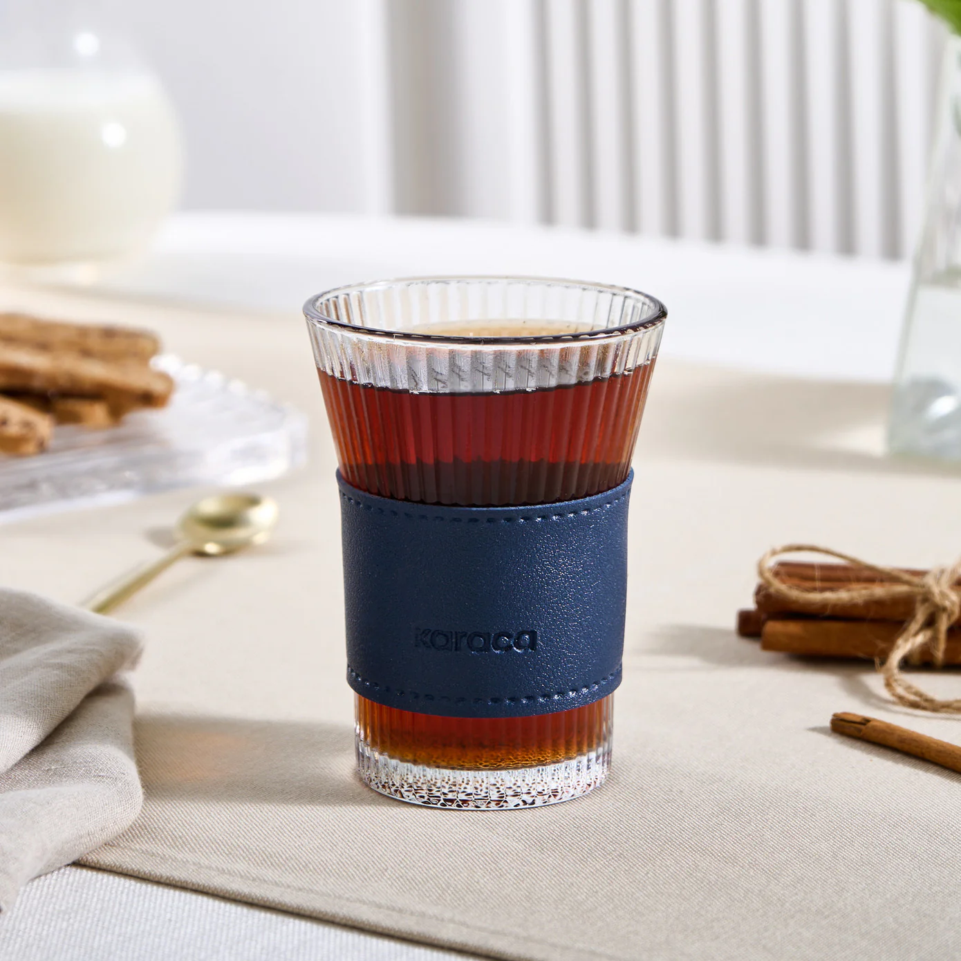 Karaca Leather Cool Touch Latte Coffee Glass, 210 Ml, Navy Blue - Image 4