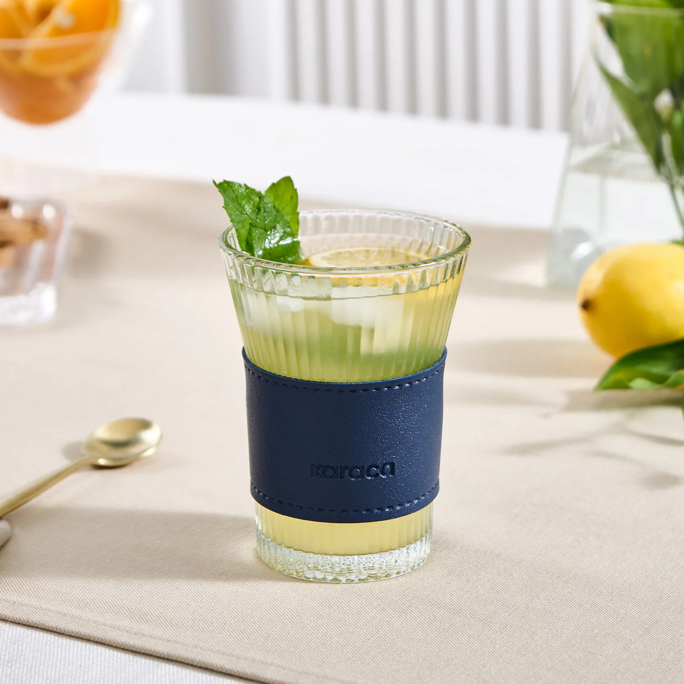 Karaca Leather Cool Touch Latte Coffee Glass, 210 Ml, Navy Blue - Image 5