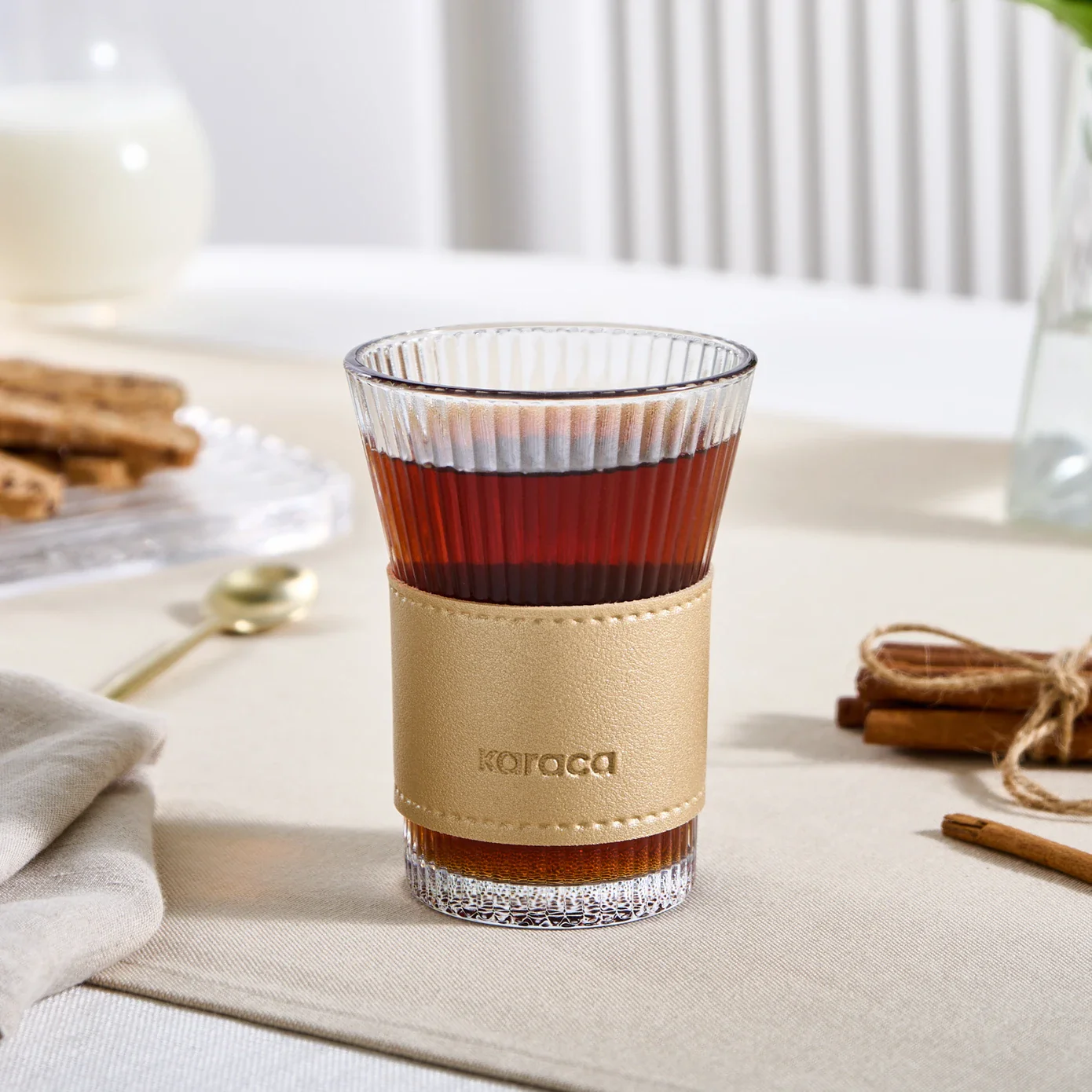 Karaca Leather Cool Touch Latte Coffee Glass, 210 Ml, Gold - Image 2