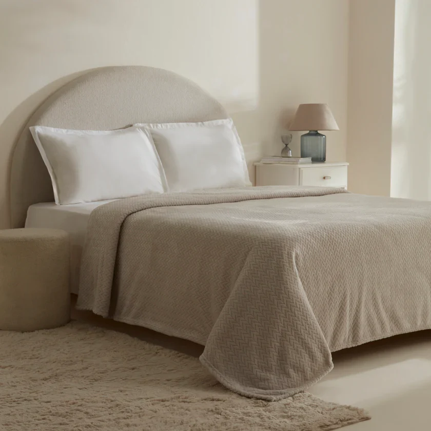 Karaca Leaves Wellsoft Blanket, Double, 200x220cm, Light Grey