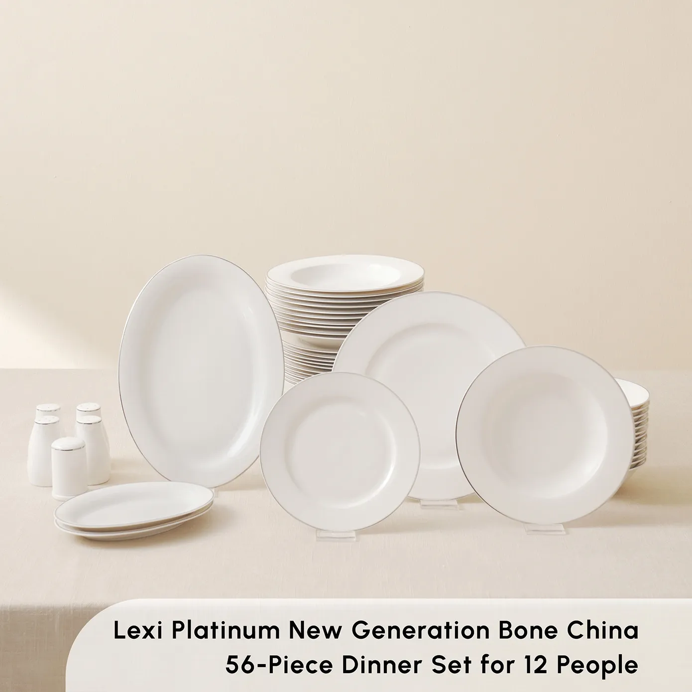 Karaca Lexi 56-Piece Bone China Dinner Set for 12 People, White Platinum - Image 3