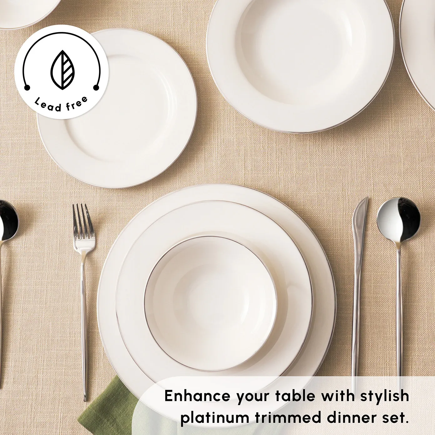 Karaca Lexi 56-Piece Bone China Dinner Set for 12 People, White Platinum - Image 4