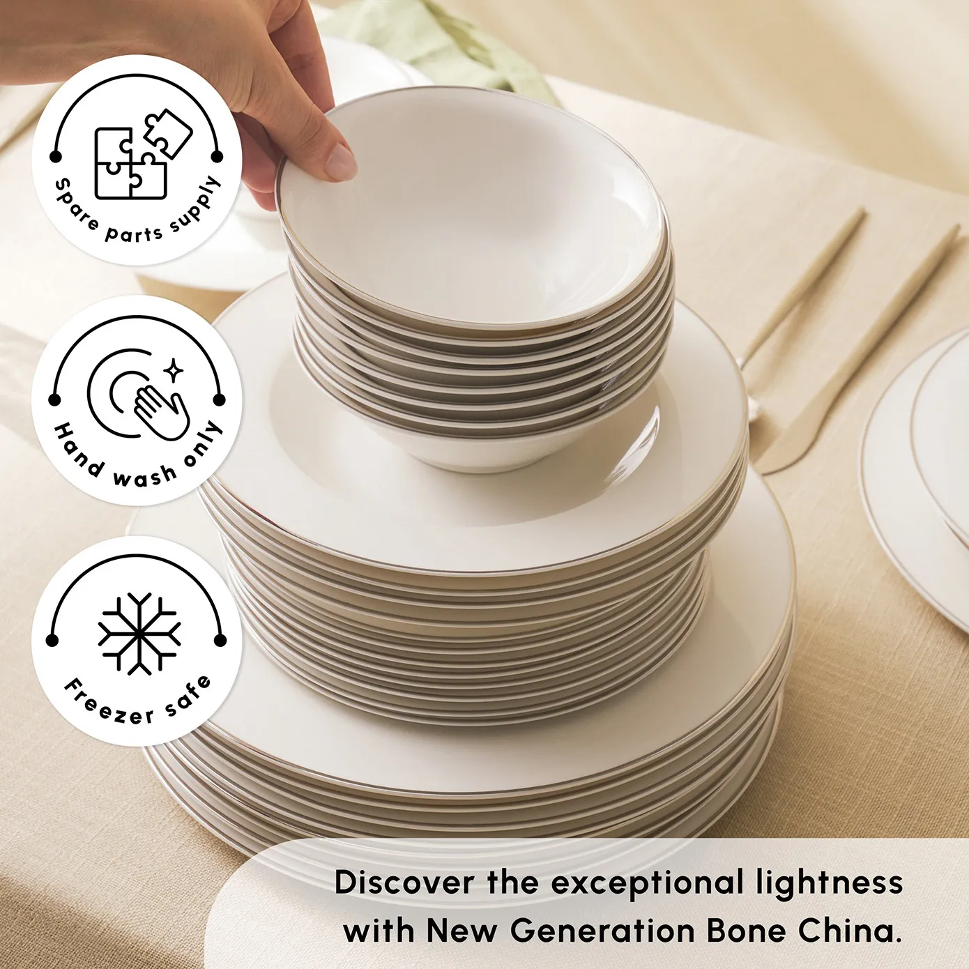 Karaca Lexi 56-Piece Bone China Dinner Set for 12 People, White Platinum - Image 6