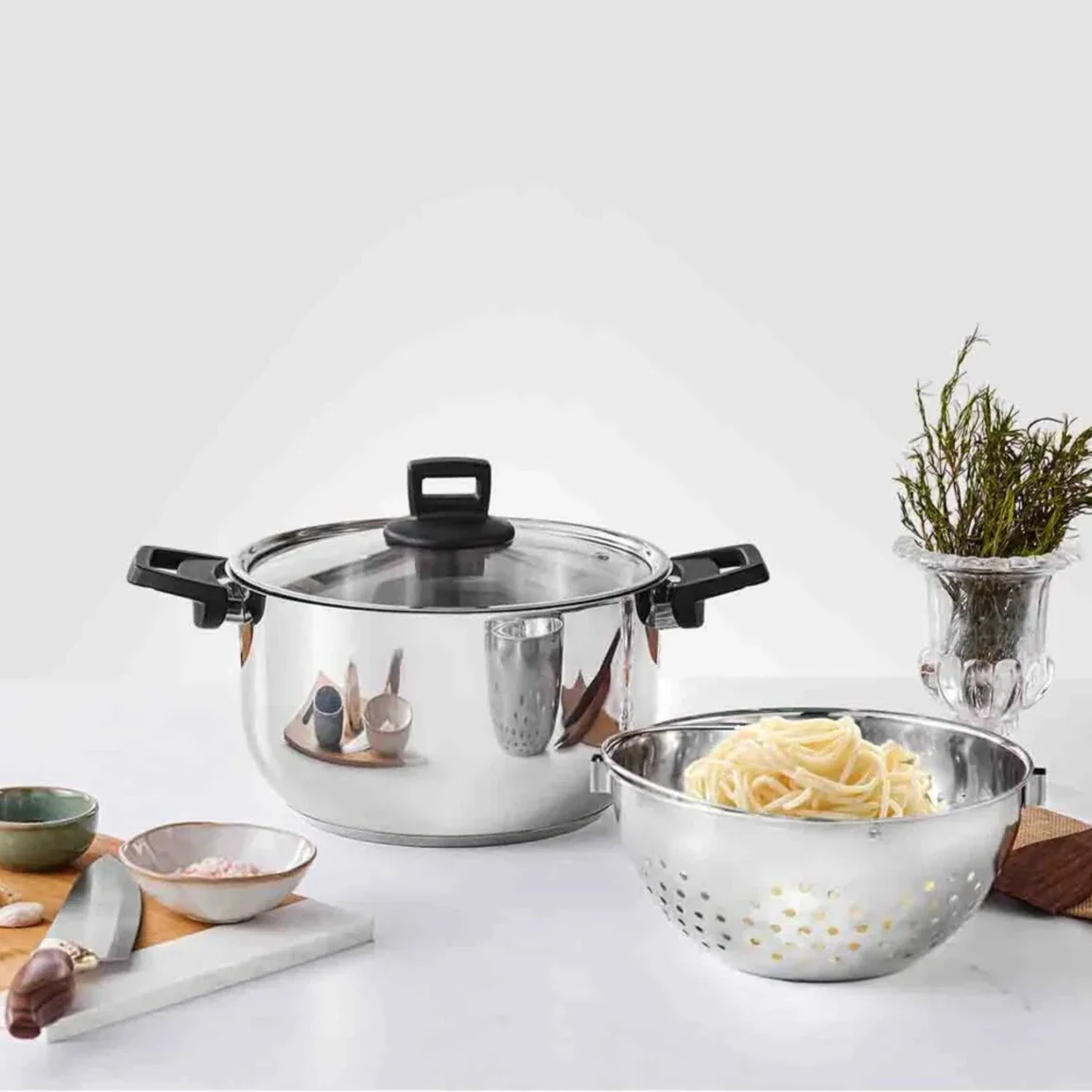 Karaca Love of Kitchen Stainless Steel Induction Pasta Pot and Steamer with Lid, 24cm, Silver