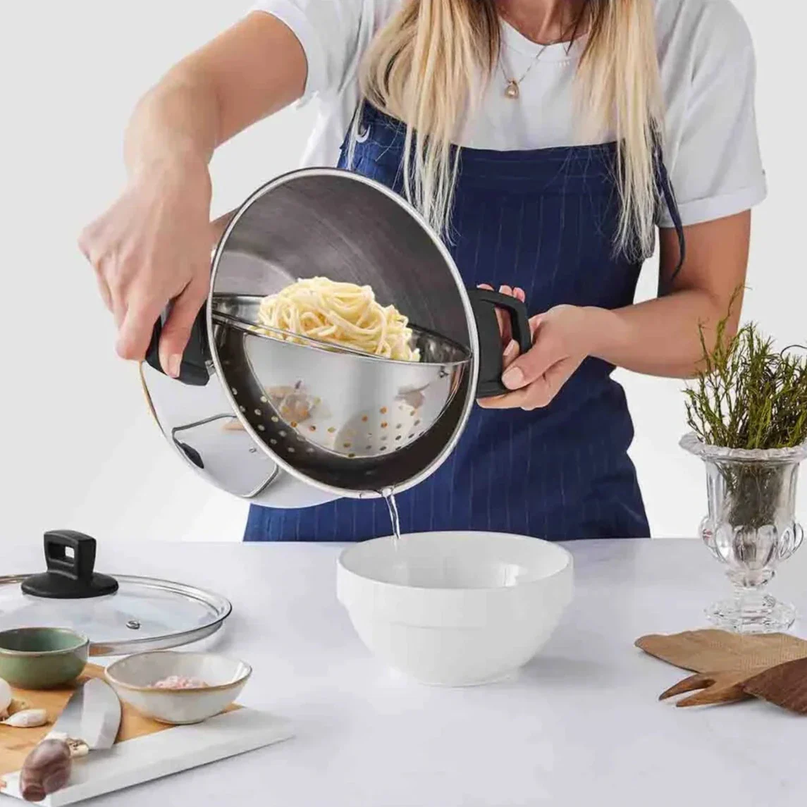 Karaca Love of Kitchen Stainless Steel Induction Pasta Pot and Steamer with Lid, 24cm, Silver - Image 2