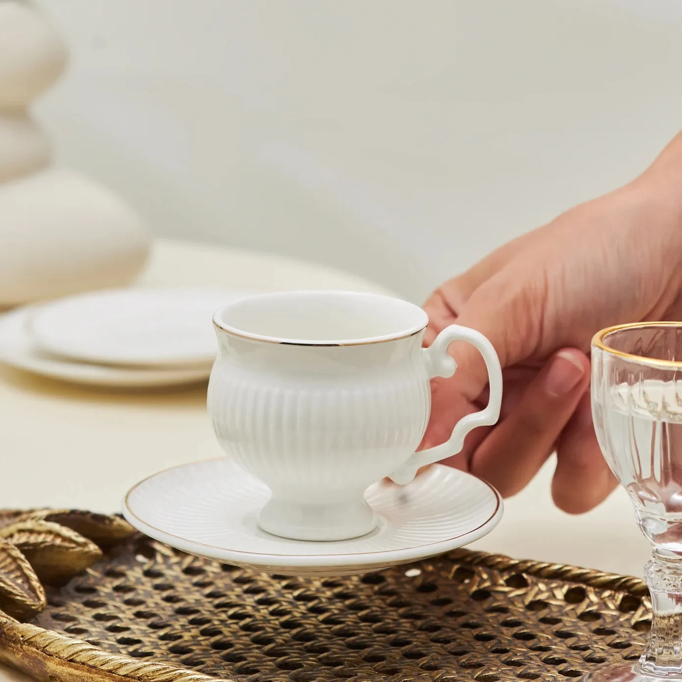 Karaca Malta 12-Piece Porcelain Espresso Turkish Coffee Cup Set for 6 People, 100ml, White Gold - Image 4