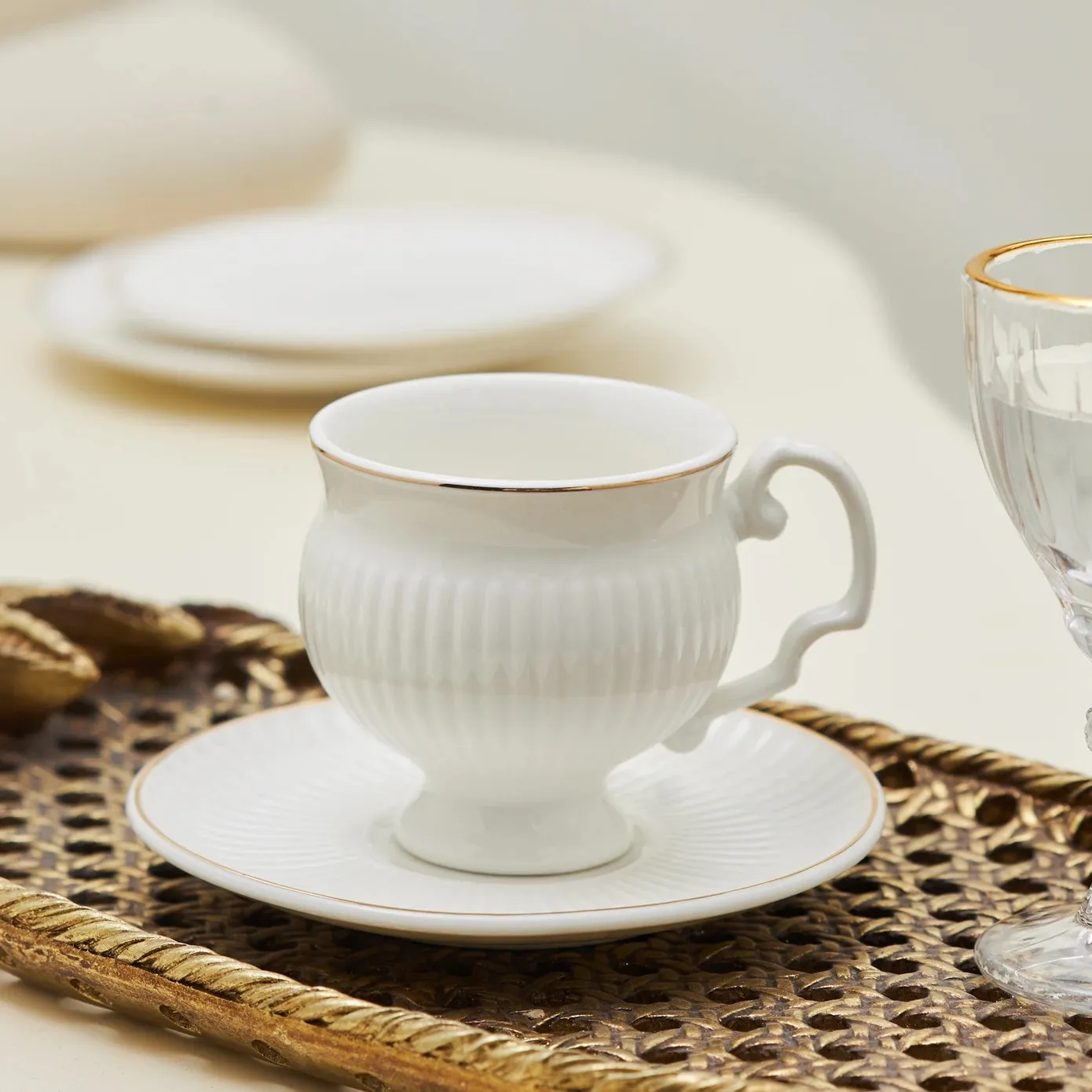 Karaca Malta 12-Piece Porcelain Espresso Turkish Coffee Cup Set for 6 People, 100ml, White Gold - Image 5