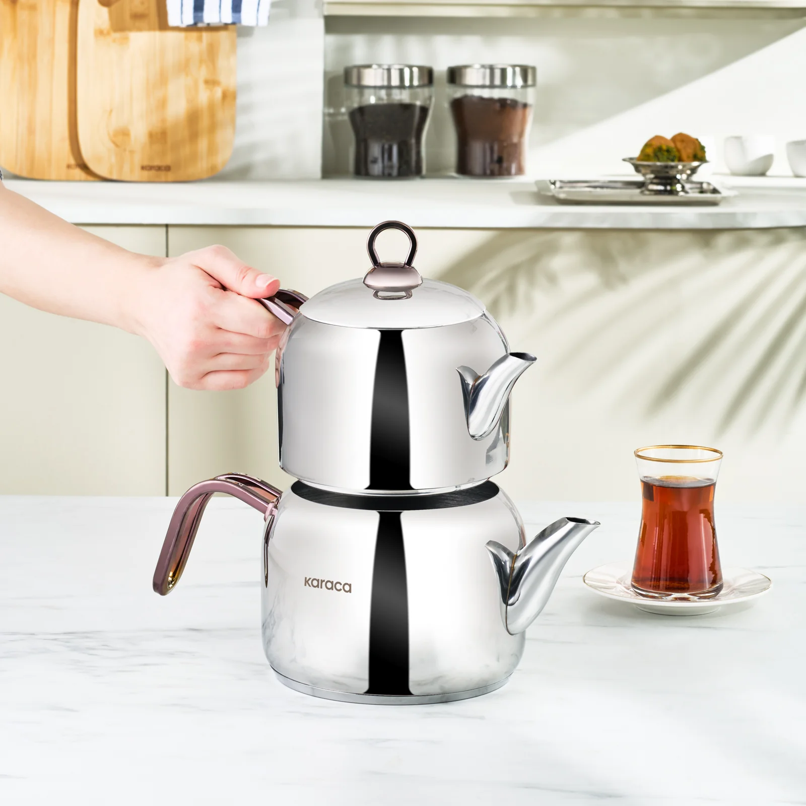Karaca Manes Stainless Steel Teapot Set, Medium, Rose - Image 2