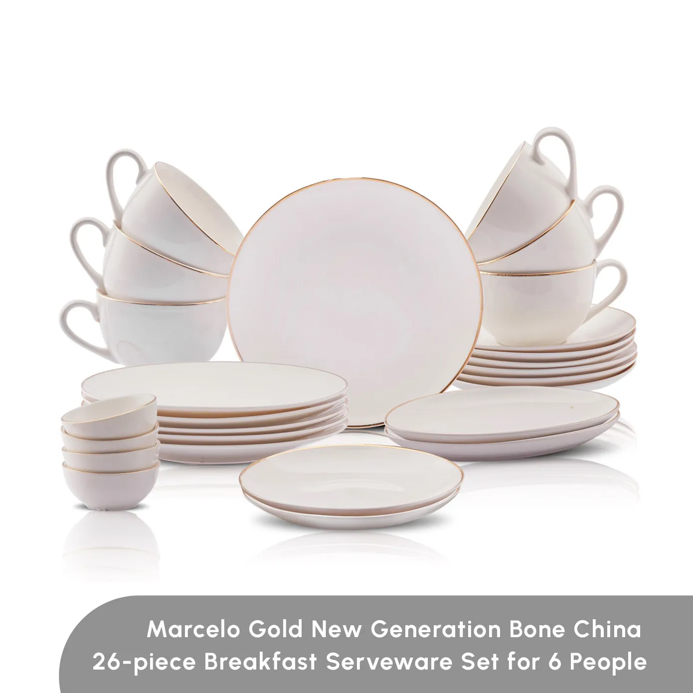 Karaca Elegance Bone China Marcelo Gold 26-Piece Serveware Set for 6 People, White Gold - Image 3