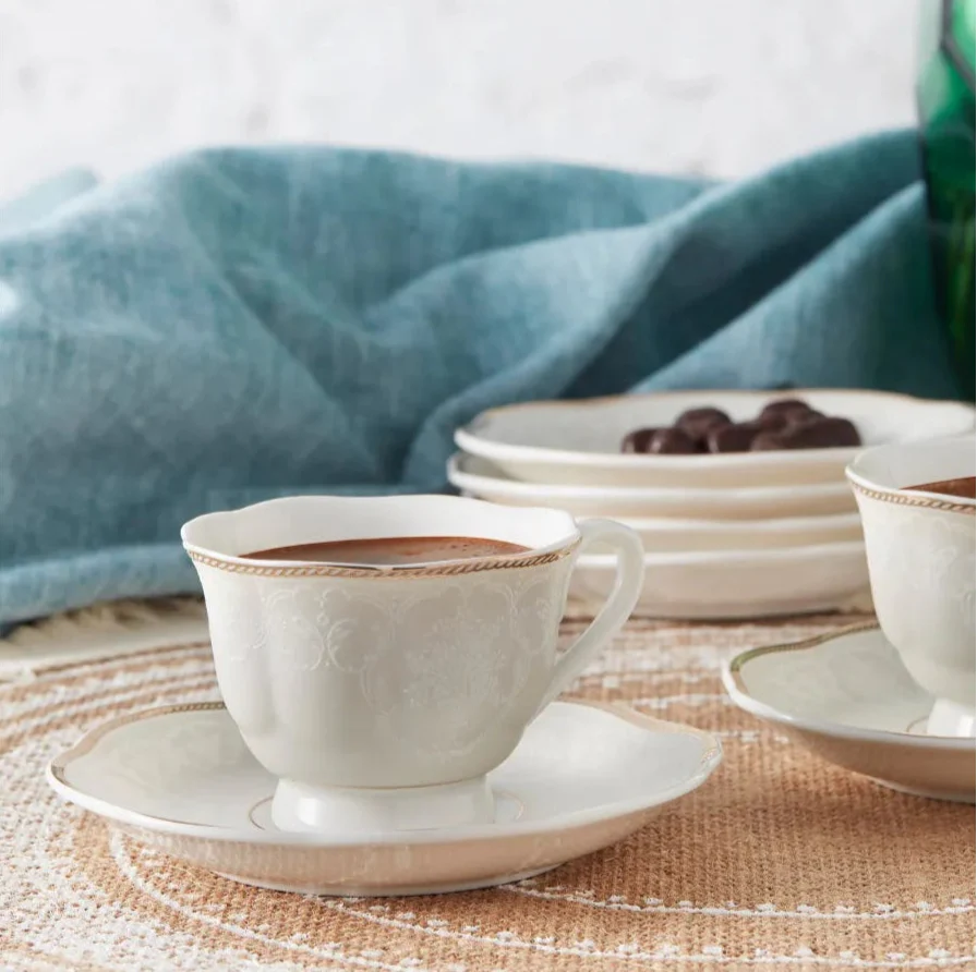 Karaca Margaret 12-Piece Porcelain Espresso Turkish Coffee Cup Set for 6 People, 80ml, White