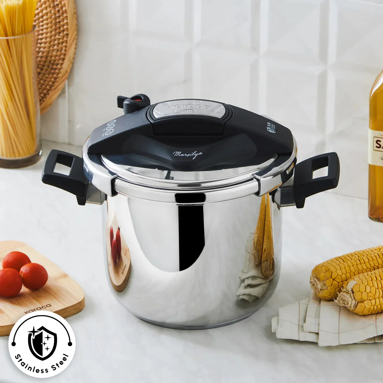 Karaca Marsilya Stainless Steel Induction Pressure Cooker Set, 7L, Silver Black - Image 3