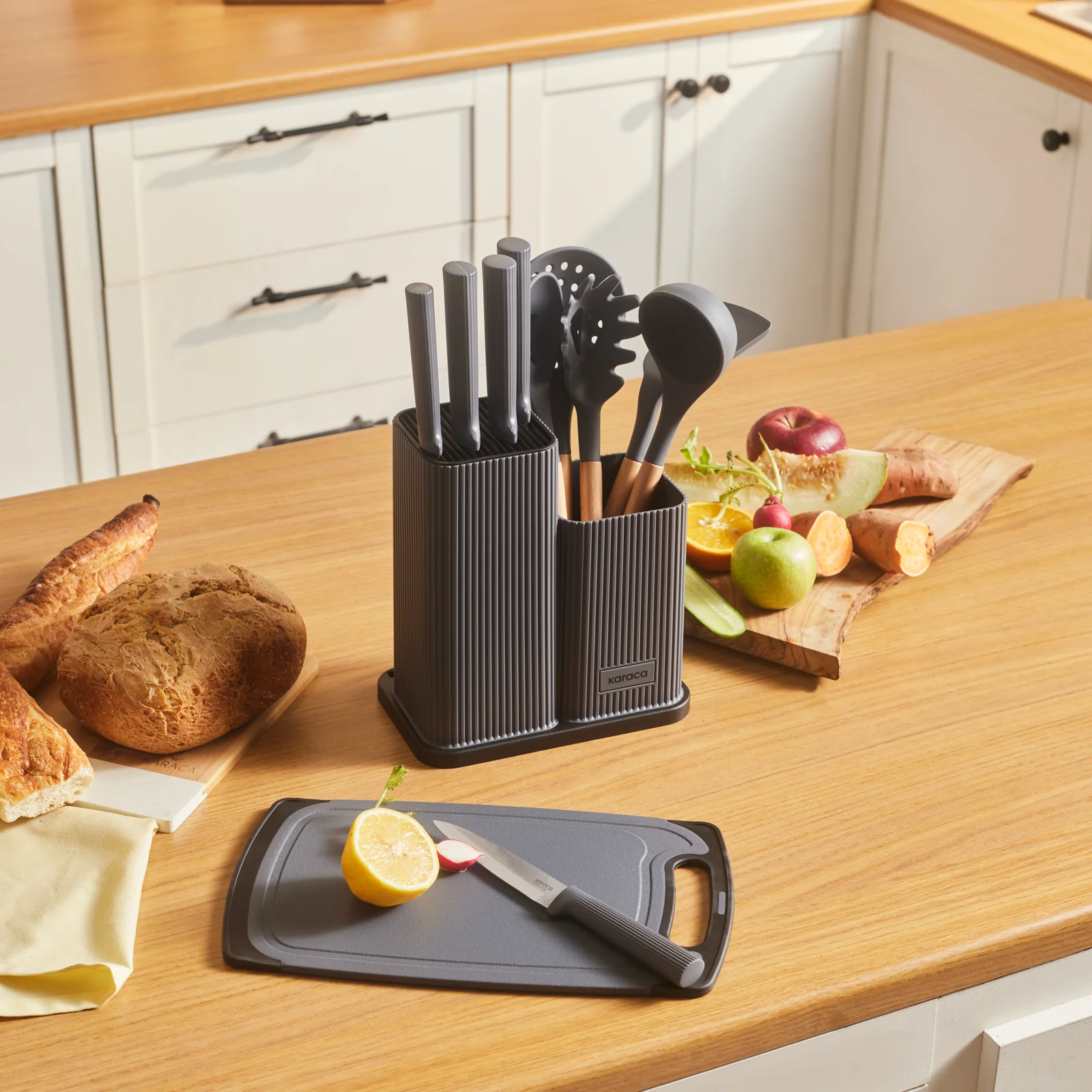Karaca Massimo 12-Piece Knife Block Set, Chopping Board and Kitchen Utensil Set, Anthracite - Image 2