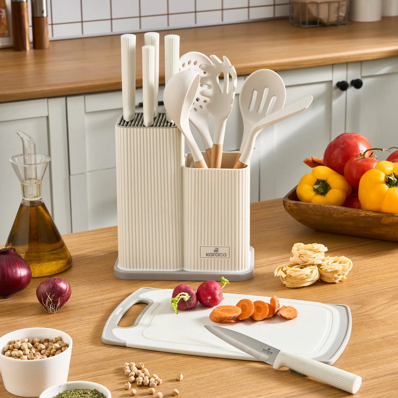 Karaca Massimo 12-Piece Knife Block Set, Chopping Board and Kitchen Utensil Set, Cream - Image 2