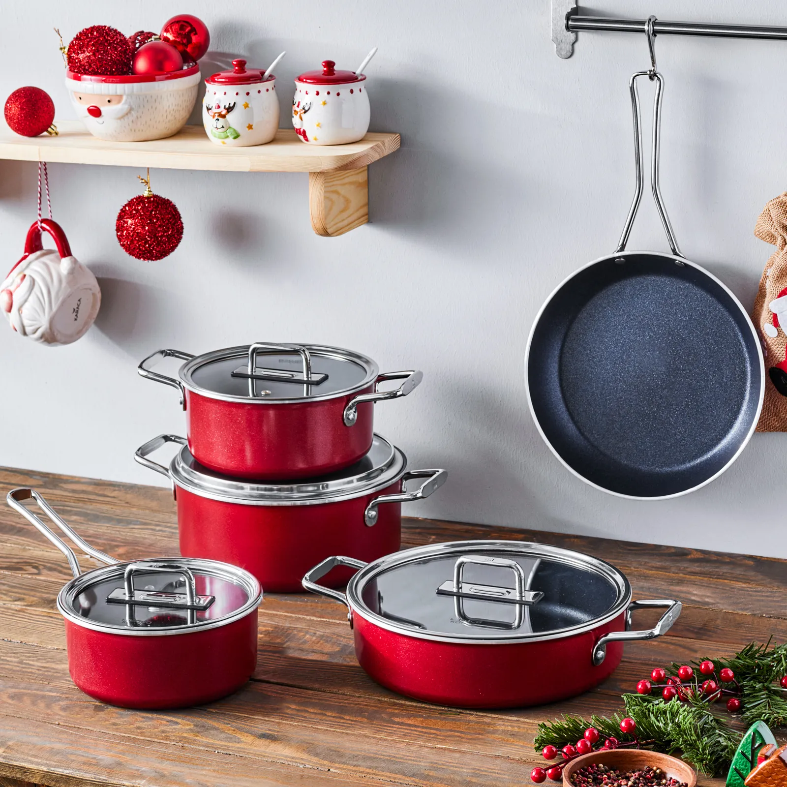 Karaca Mastermaid BioDiamond 9-Piece Non-Stick Cookware Set, Imperial Red Silver - Image 3