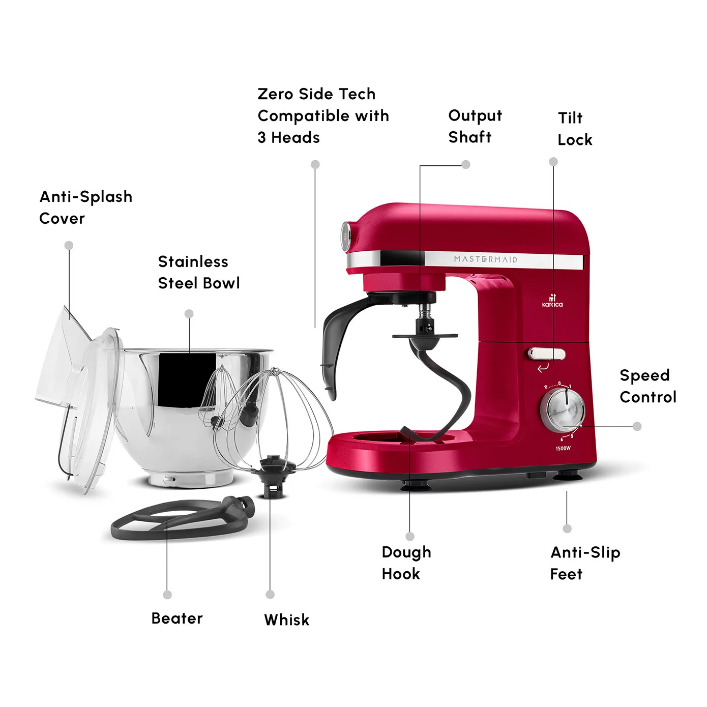 Karaca Mastermaid Chef Pro Zero Side Tech Stand Mixer, 5L, 1500W, Red - Image 3