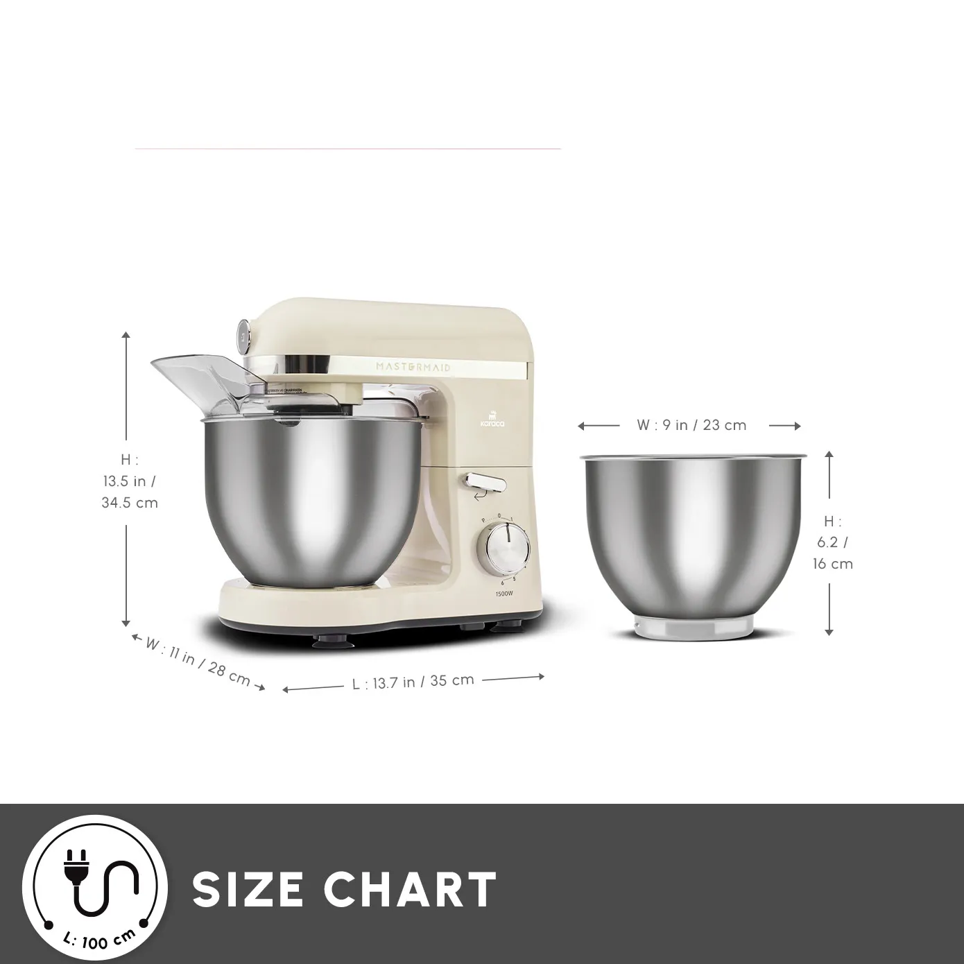 Karaca Mastermaid Chef Pro Zero Side Tech Stand Mixer, 5L, 1500W, Soft Cream - Image 3