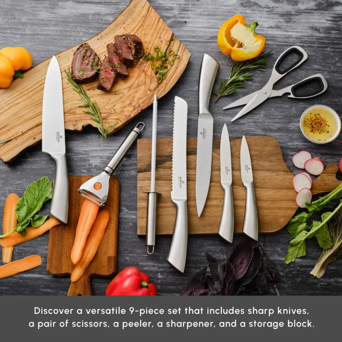 Karaca Meister Bremen 9-Piece German Stainless Steel Knife Set with Stand, Silver - Image 5