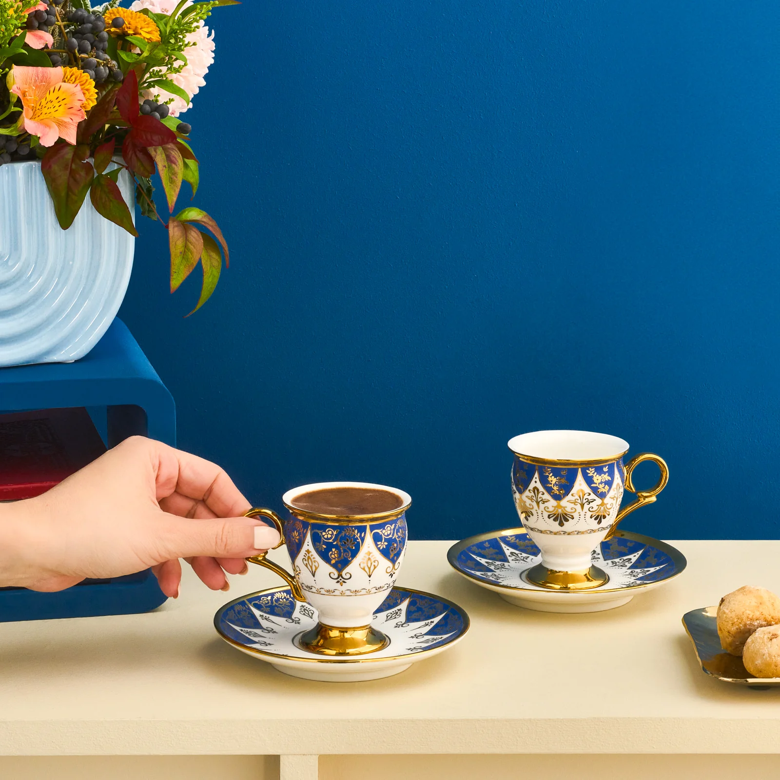 Karaca Merve 4-Piece Bone China Espresso & Turkish Coffee Cup Set, 100ml, Blue - Image 3