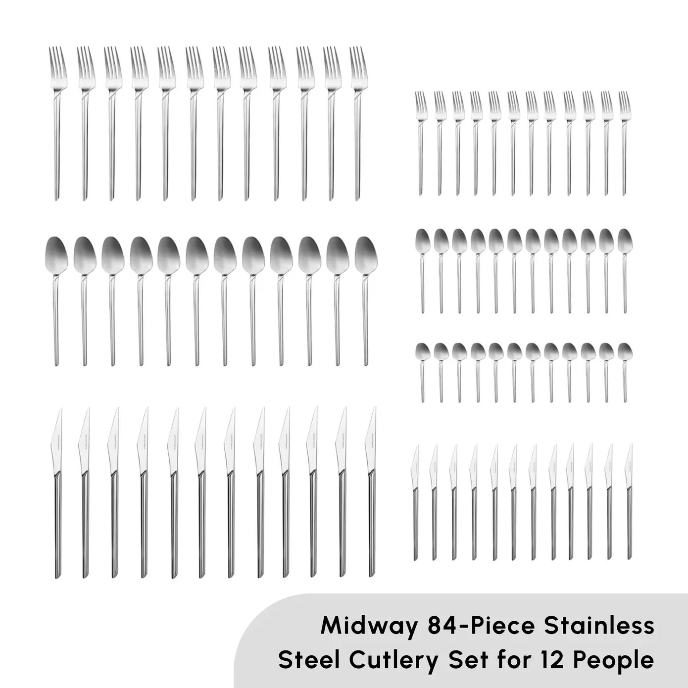 Karaca Midway 84-Piece Stainless Steel Cutlery Set for 12 People, Silver - Image 2