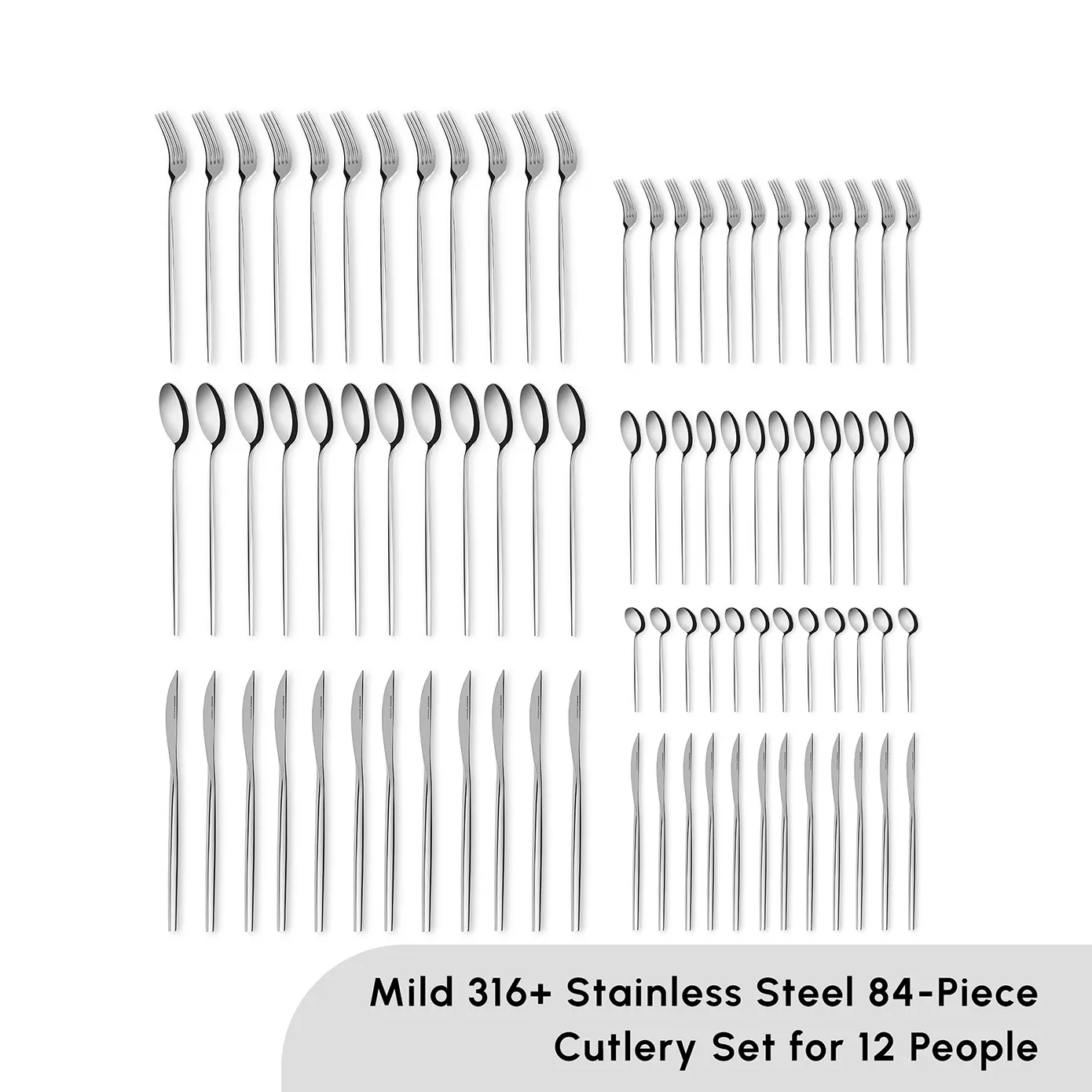 Karaca Mild 84-Piece 316+ Stainless Steel Cutlery Set for 12 People, Silver - Image 2