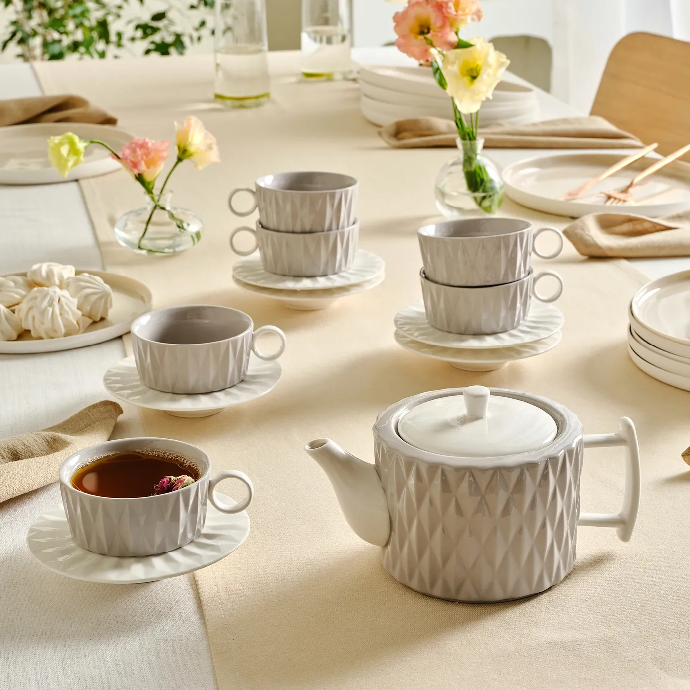 Karaca Miu 13-Piece Ceramic Tea Cup and Saucer Set for 6 People, Grey-White - Image 2